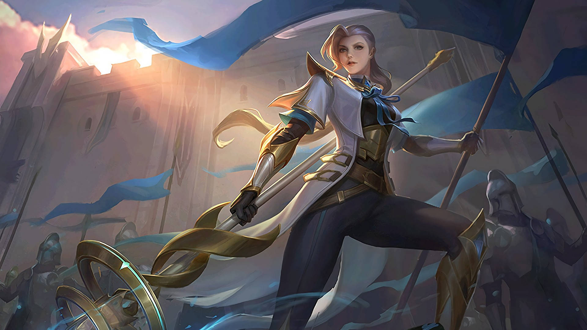 Mobile Legends 動態圖 桌布 壁紙 — 一位身穿白色和金色盔甲的尊貴女戰士，手持藍色旗幟，挑釁地站立著，陽光穿過城堡後的雲層。