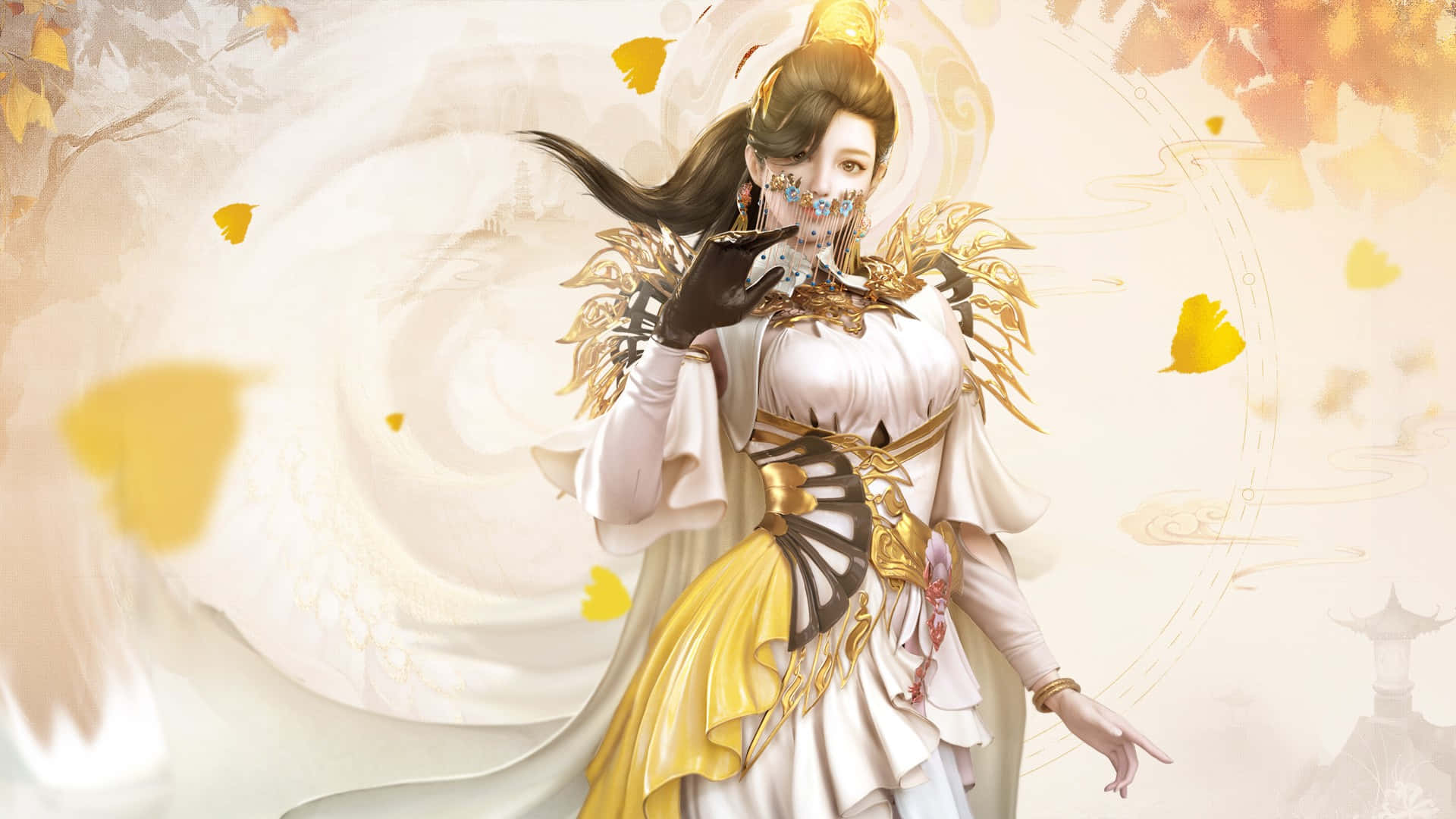 Blood Of Steel 桌布 壁紙 — 一位身穿白色和金色長袍的優雅動漫女性，站在旋轉的秋葉和柔和光線之中。