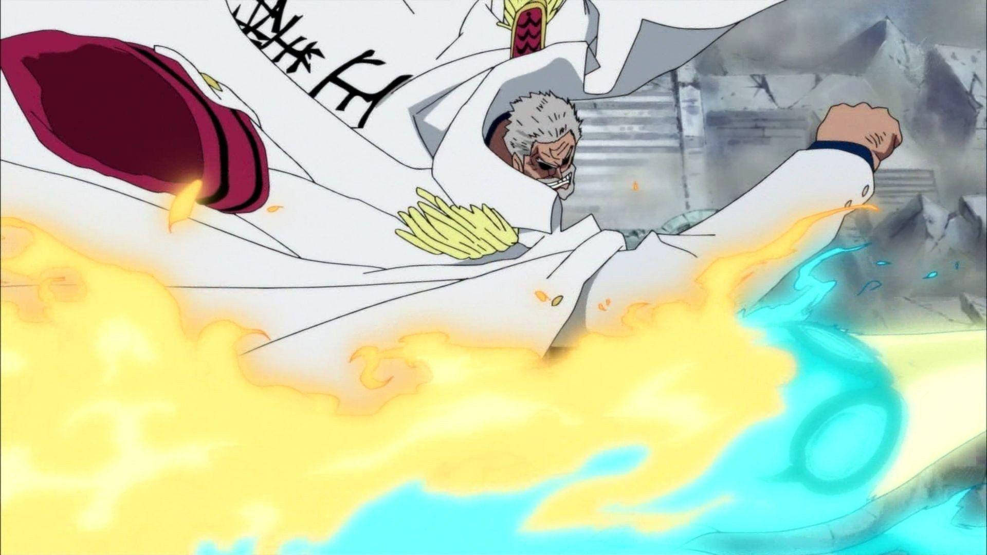 Garp 桌布 壁紙 — 一位身穿白色外套的動漫戰士在破碎的戰場上釋放出火焰與冰霜的能量。