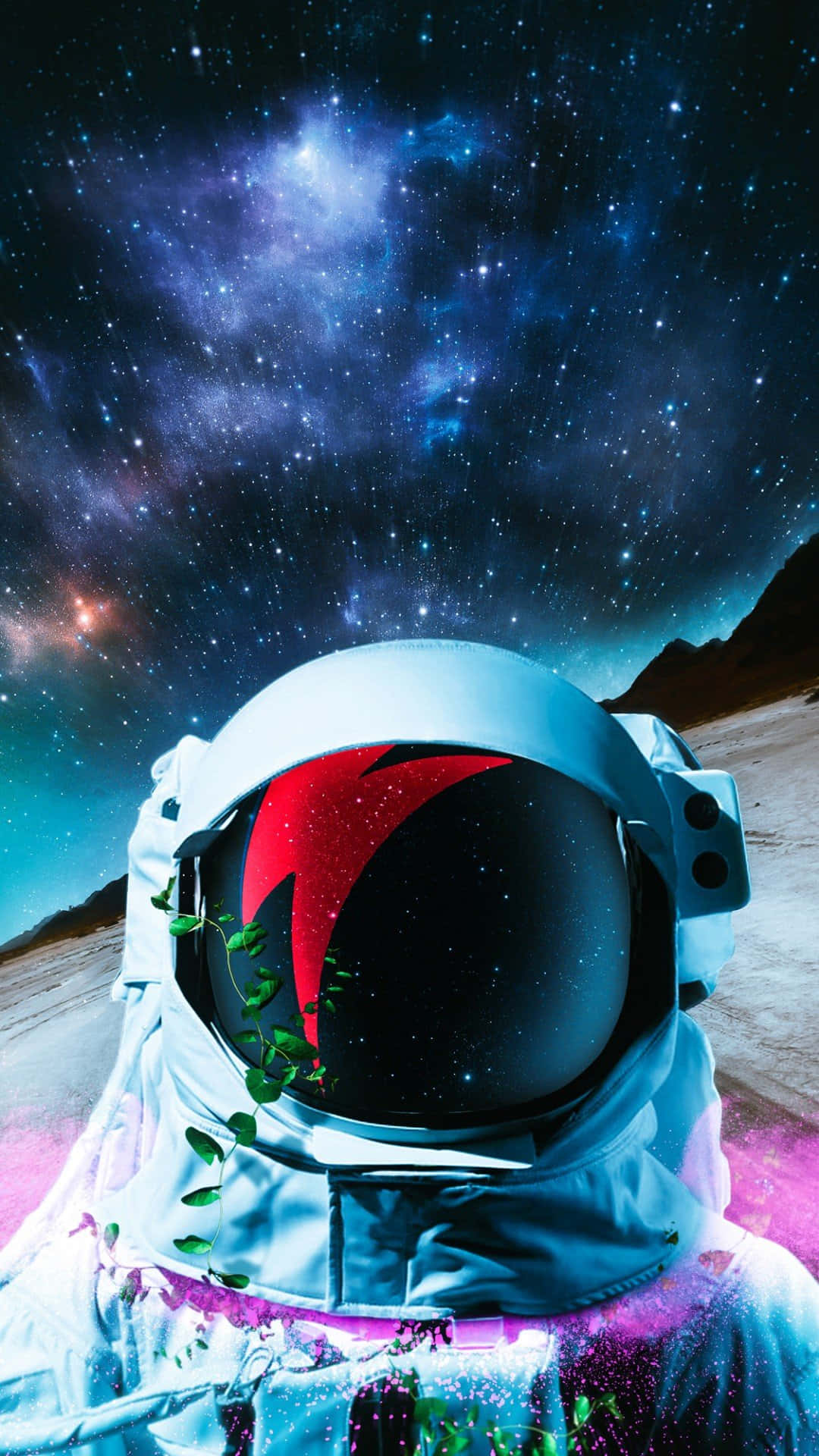  壁紙 — 一位身穿白色太空衣、戴紅色面罩的太空人，凝視著荒蕪外星地貌上方繁星點點的宇宙天空。