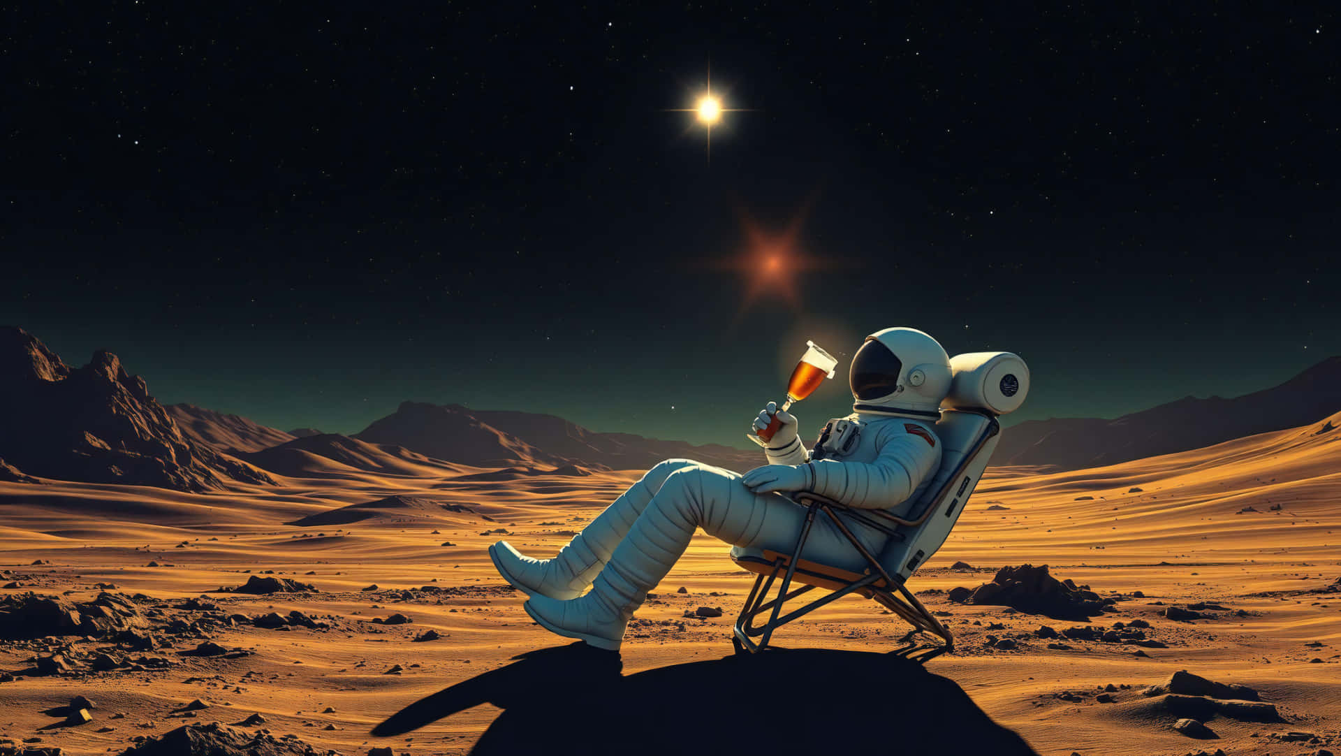 Astronaut Enjoying Beer 壁紙 — 一位身穿白色太空衣的太空人在沙漠星球上放鬆地坐在摺疊椅上，在星空下啜飲飲料，天空中有兩個發光的太陽。