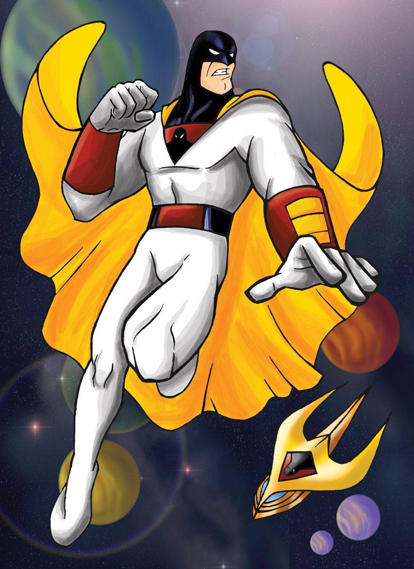 Space Ghost 桌布 壁紙 — 一位身穿白色套裝和黃色披風的超級英雄在太空中的彩色行星和星星之間英勇地漂浮。