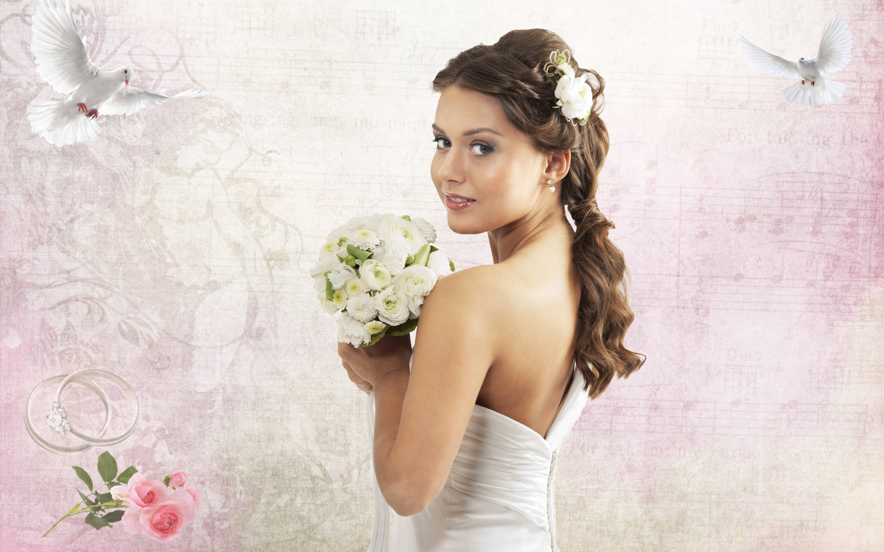 Bridal 桌布 壁紙 — 一位身穿白色婚紗的新娘手持花束，兩隻鴿子在她周圍飛翔，背景是柔和的粉紅色紋理背景。