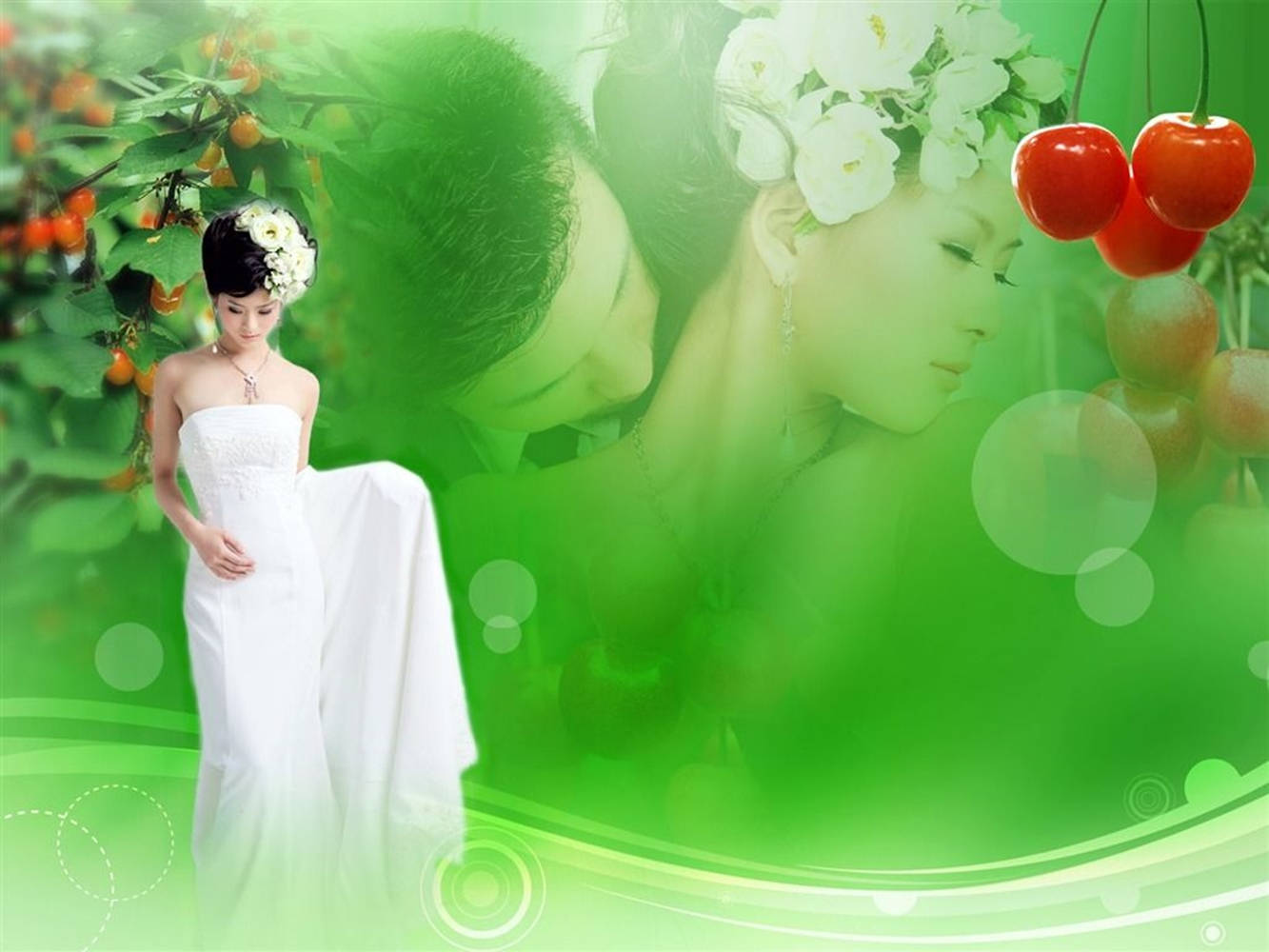 Wedding Aesthetic 桌布 壁紙 — 一位身穿白色婚紗的新娘站在夢幻般的綠色背景前，背景有櫻花和漂浮的水果。