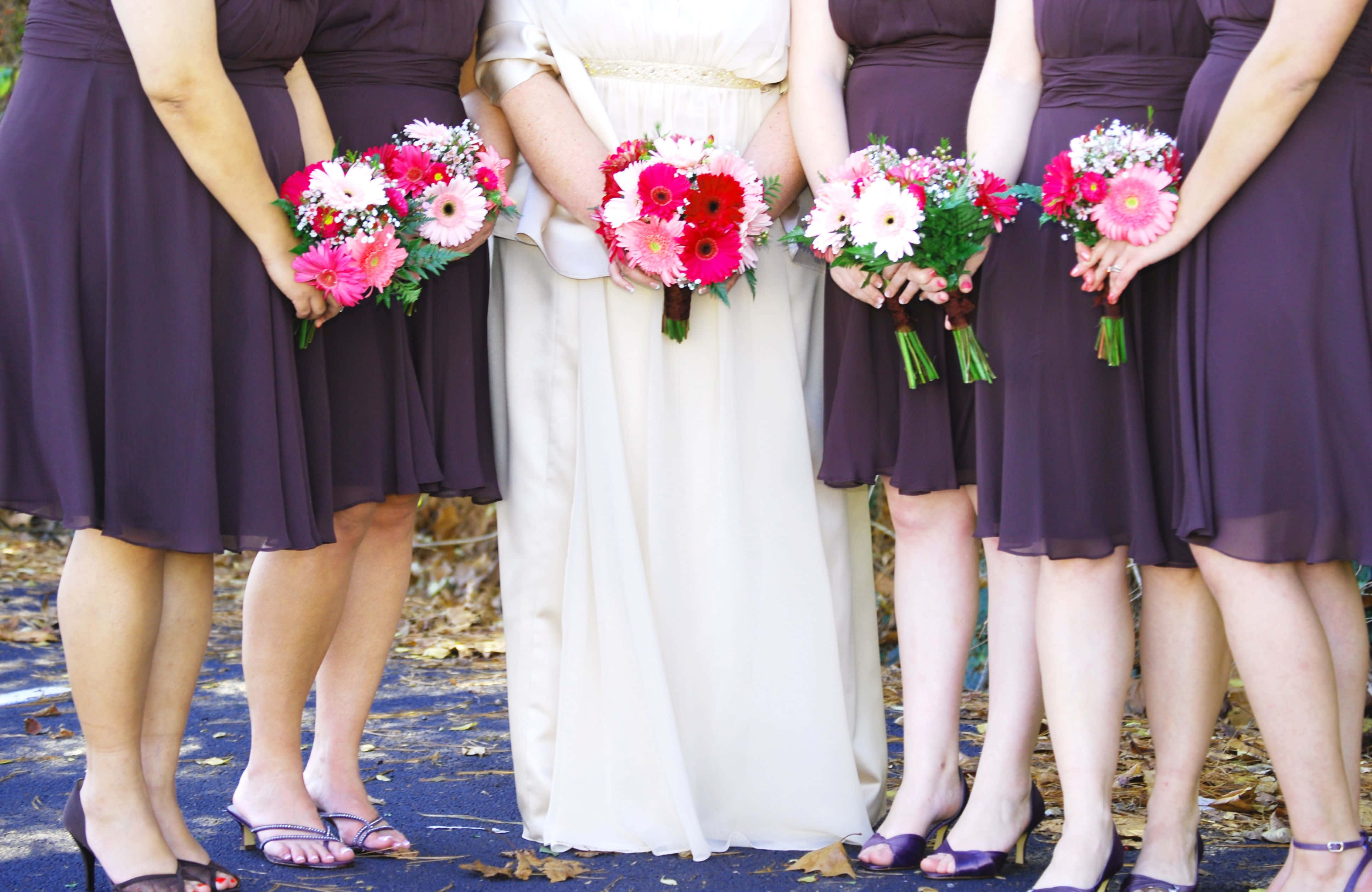 Bridesmaids 桌布 壁紙 — 一位身穿白色婚紗的新娘與身穿紫色禮服的伴娘們站在鋪滿樹葉的地上，手持色彩繽紛的花束。