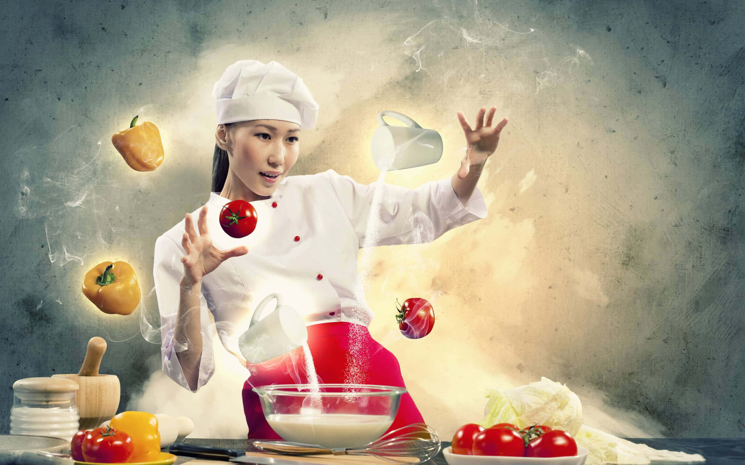 魔法動圖 桌布 壁紙 — 一位身穿白色廚師服的廚師在超現實的廚房場景中神奇地操控漂浮的蔬菜和牛奶。