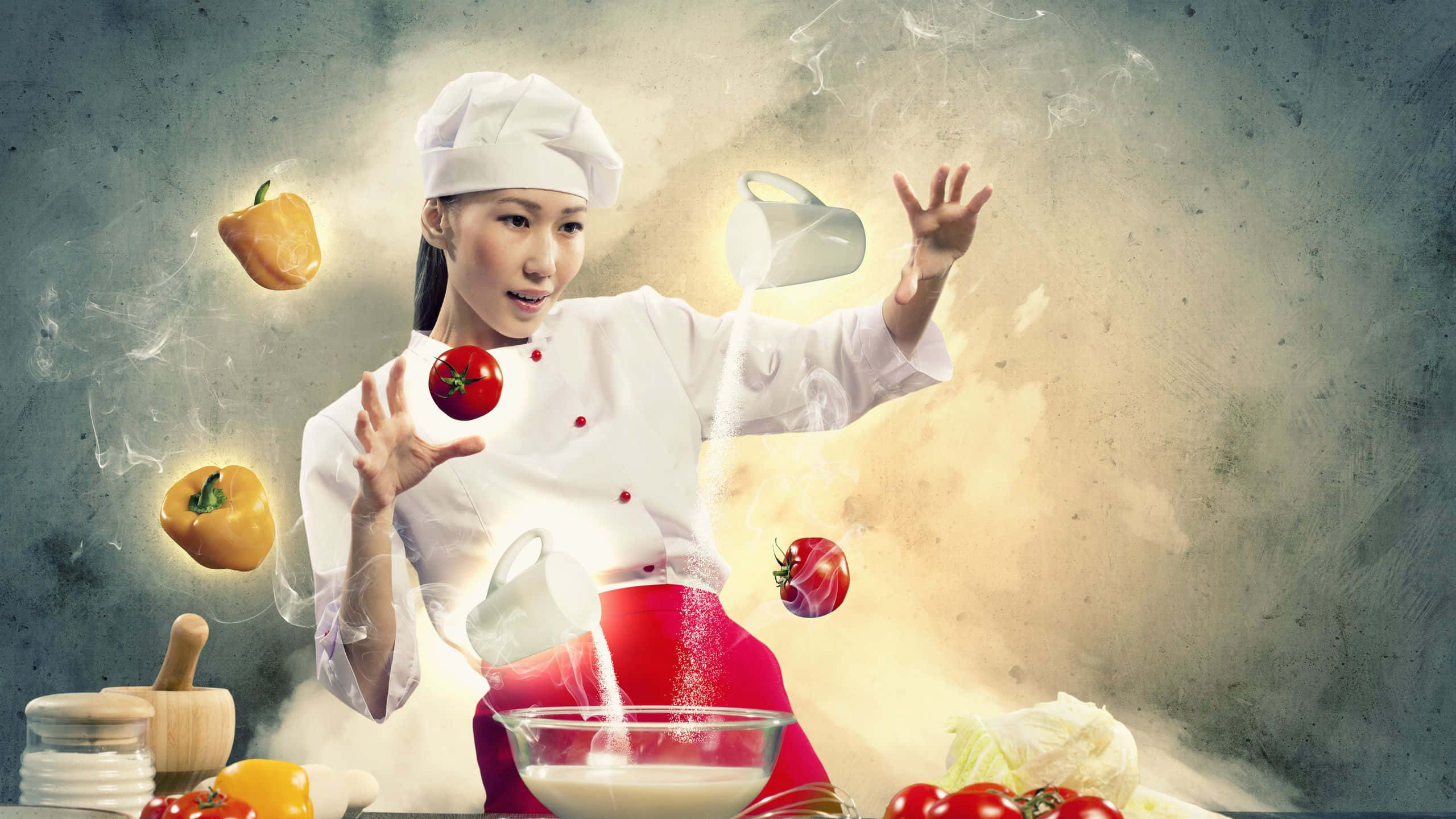 烹飪 桌布 壁紙 — 一位身穿白色廚師服的廚師在超現實的廚房場景中神奇地操控漂浮的蔬菜和麵粉。