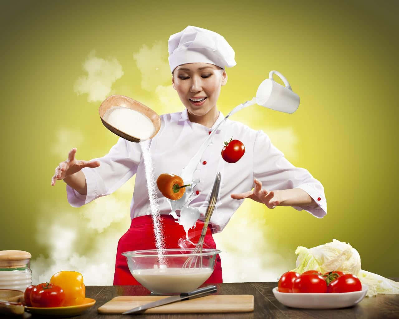 烹飪 桌布 壁紙 — 一位身穿白色廚師服的快樂廚師，在木製檯面上準備新鮮蔬菜菜餚時，將麵粉和番茄拋向空中。