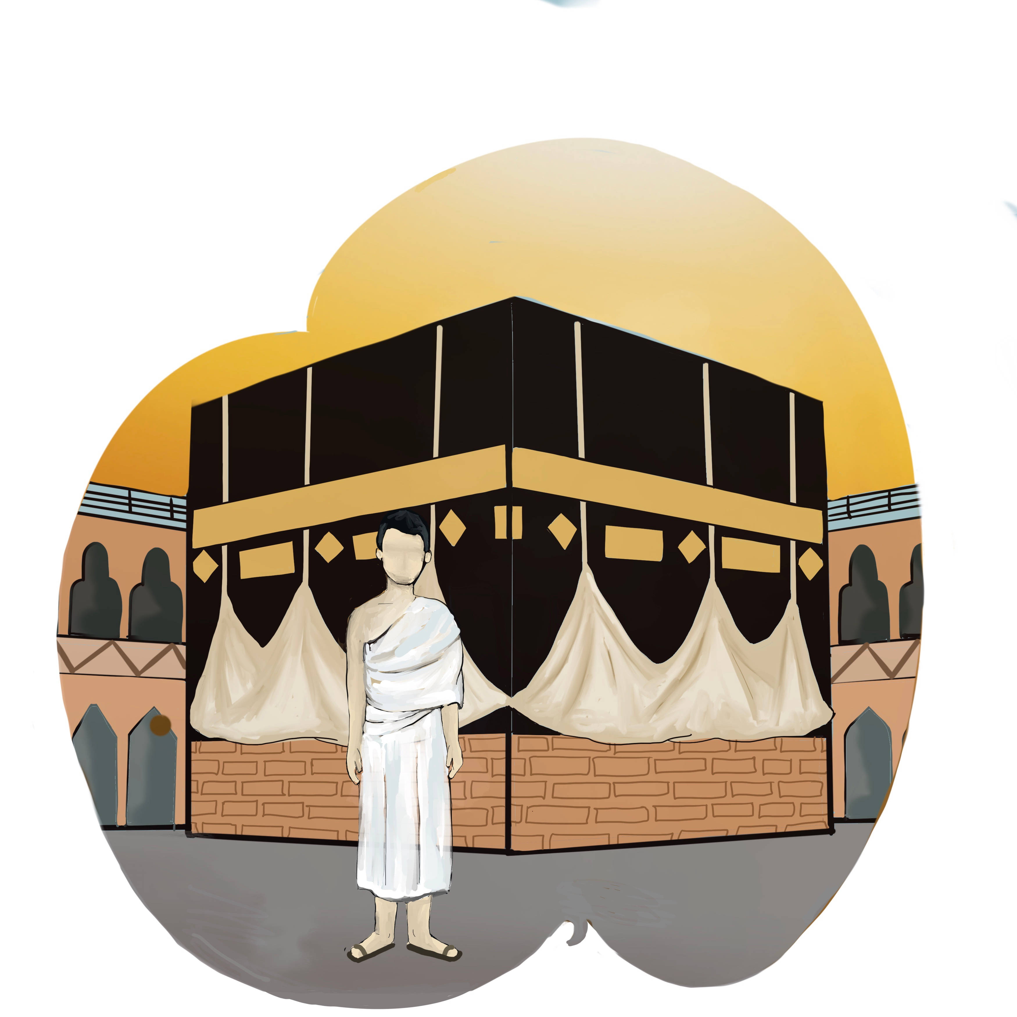 Makkah 桌布 壁紙 — 一位身穿白色朝聖服（伊赫拉姆）的朝聖者，在金色夕陽天空下，站在黑色天房（卡巴天房）前。