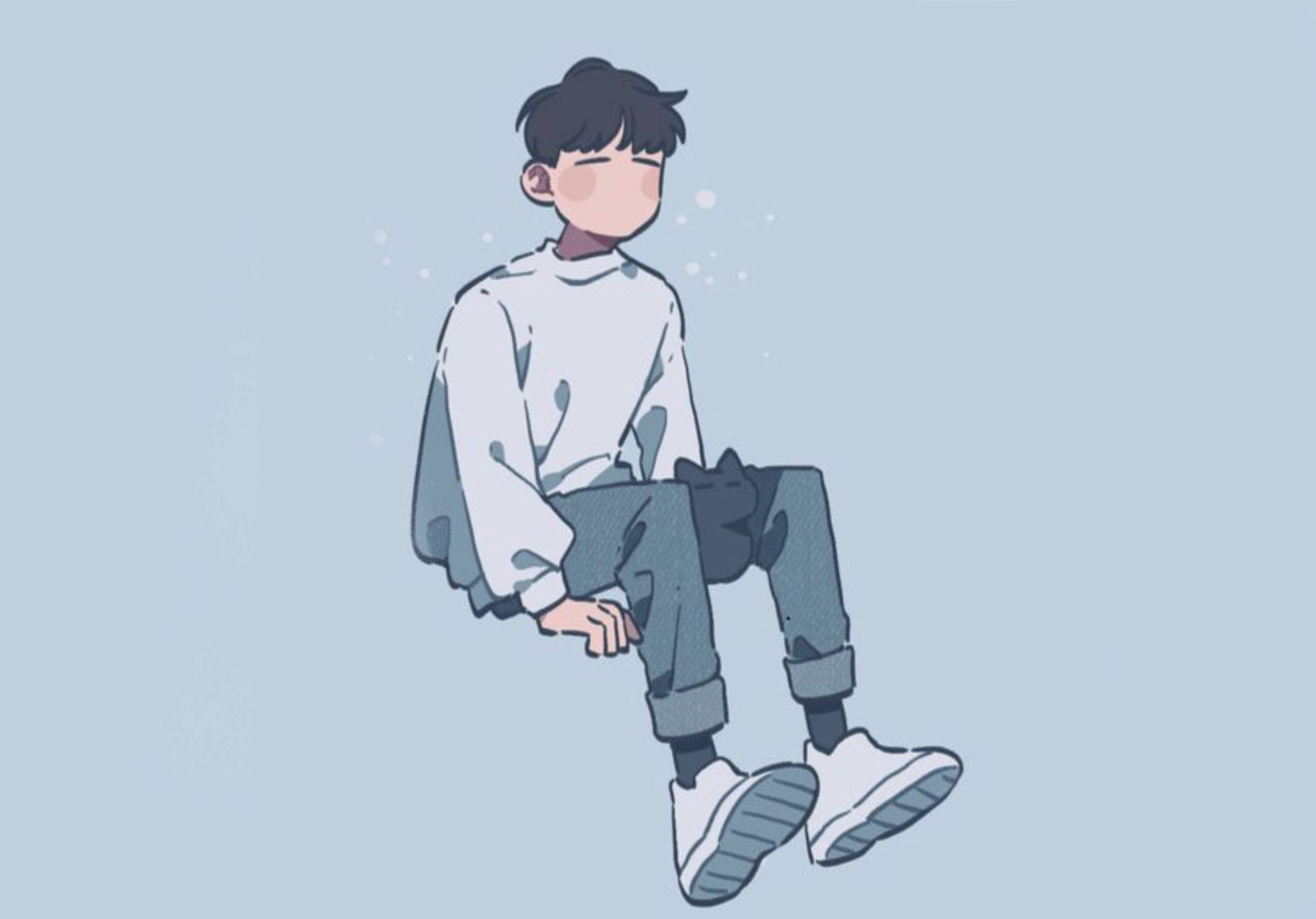 Aesthetic Drawings 桌布 壁紙 — 一位身穿白色毛衣和牛仔褲的年輕男子，在柔和的藍色背景上平靜地漂浮著，周圍有輕柔的閃光。