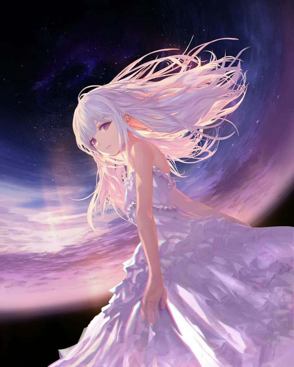 一位身穿白色洋裝的女孩站在天空中 壁紙