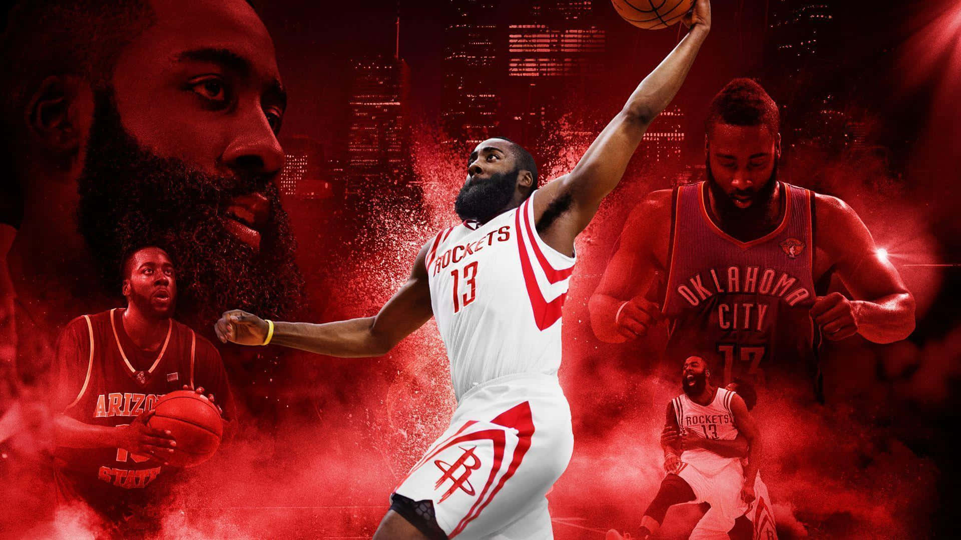 NBA 2k 桌布 壁紙 — 一位身穿白色火箭隊球衣的動感籃球運動員，在熾熱的紅色背景下，與他過去的多個自我一起跳起投籃。