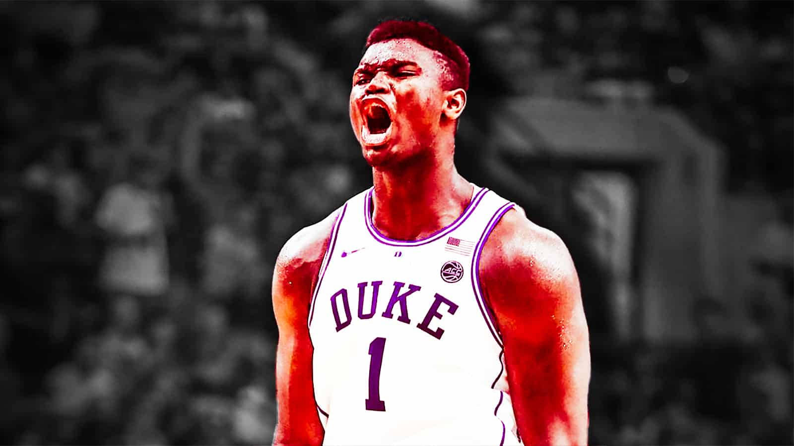 Zion Williamson 桌布 壁紙 — 一位身穿白色球衣、背號一的杜克大學籃球運動員，在模糊的人群背景下激烈咆哮。