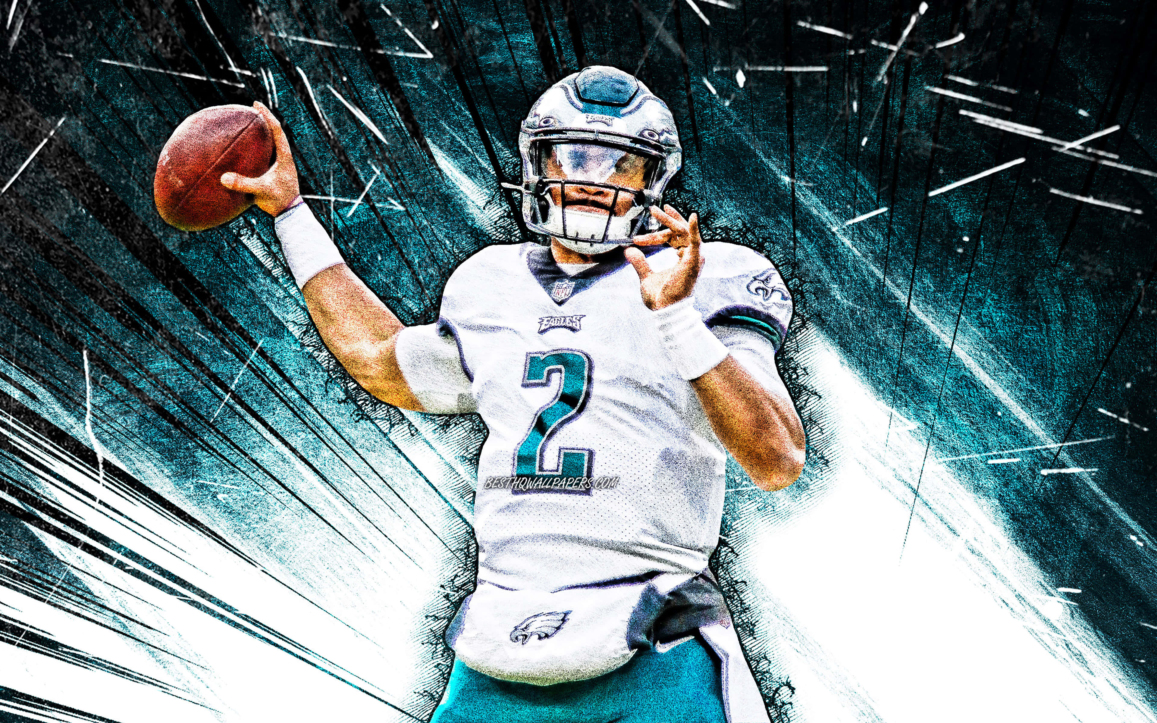Eagles Football 桌布 壁紙 — 一位身穿白色球衣、背號二號的美式足球四分衛，在動態的藍綠色和黑色條紋背景前擲球。