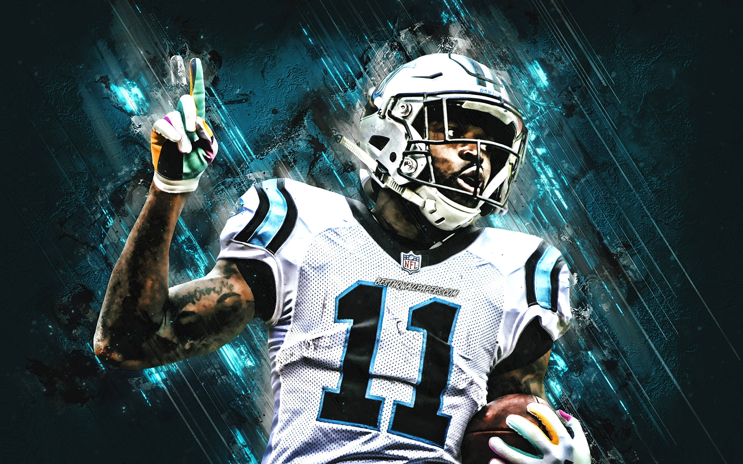 Panthers 桌布 壁紙 — 一位身穿白色球衣、號碼11的動感NFL球員，在充滿活力的藍色能量爆發背景下，手持橄欖球並做出和平手勢。
