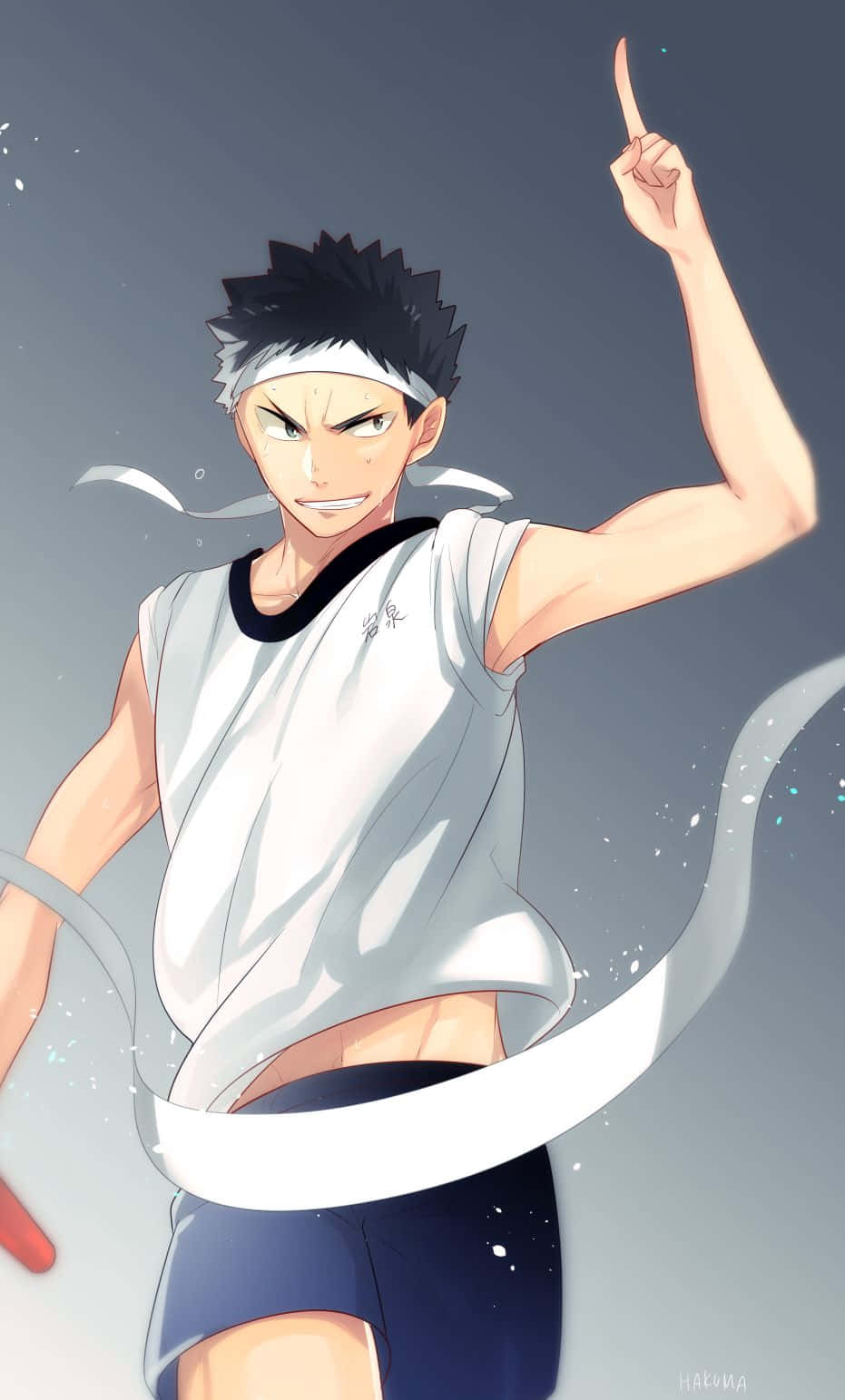 iwaizumi hajime 桌布 壁紙 — 一位身穿白色球衣和頭帶的動漫排球運動員，在灰色背景前以強烈的決心向上指。