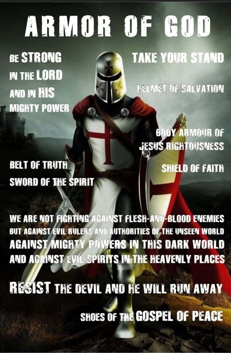 Armor Of God 桌布 壁紙 — 一位身穿白色盔甲、帶有紅色十字架和斗篷的騎士，手持劍和盾牌，準備好面對暴風雨的天空，背景有城堡。