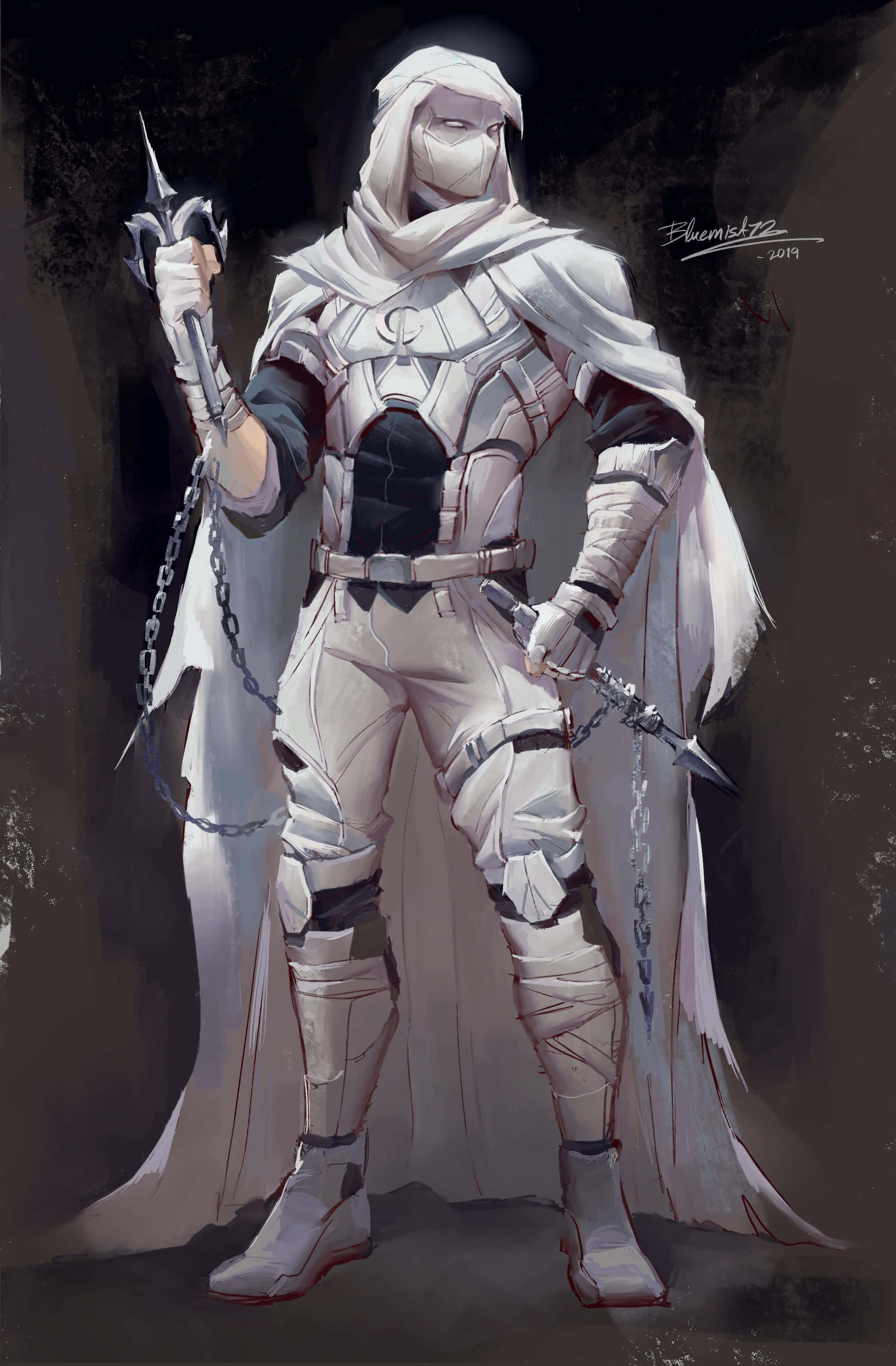 Moon Knight 桌布 壁紙 — 一位身穿白色盔甲、披著斗篷的戰士，在深色紋理背景前手持帶刺鏈條武器。
