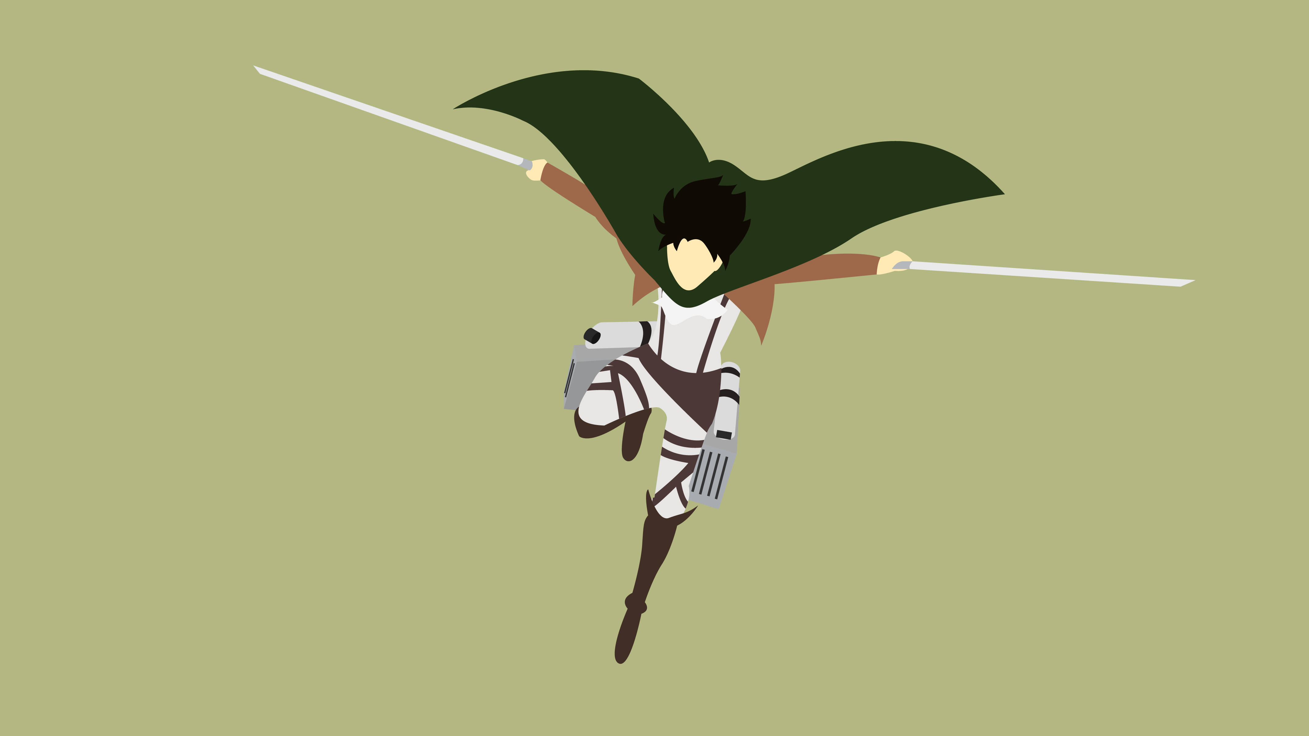 Levi 桌布 壁紙 — 一位身穿白色盔甲和綠色斗篷的極簡動漫戰士，在柔和的橄欖色背景上動態跳躍，揮舞著兩把劍。