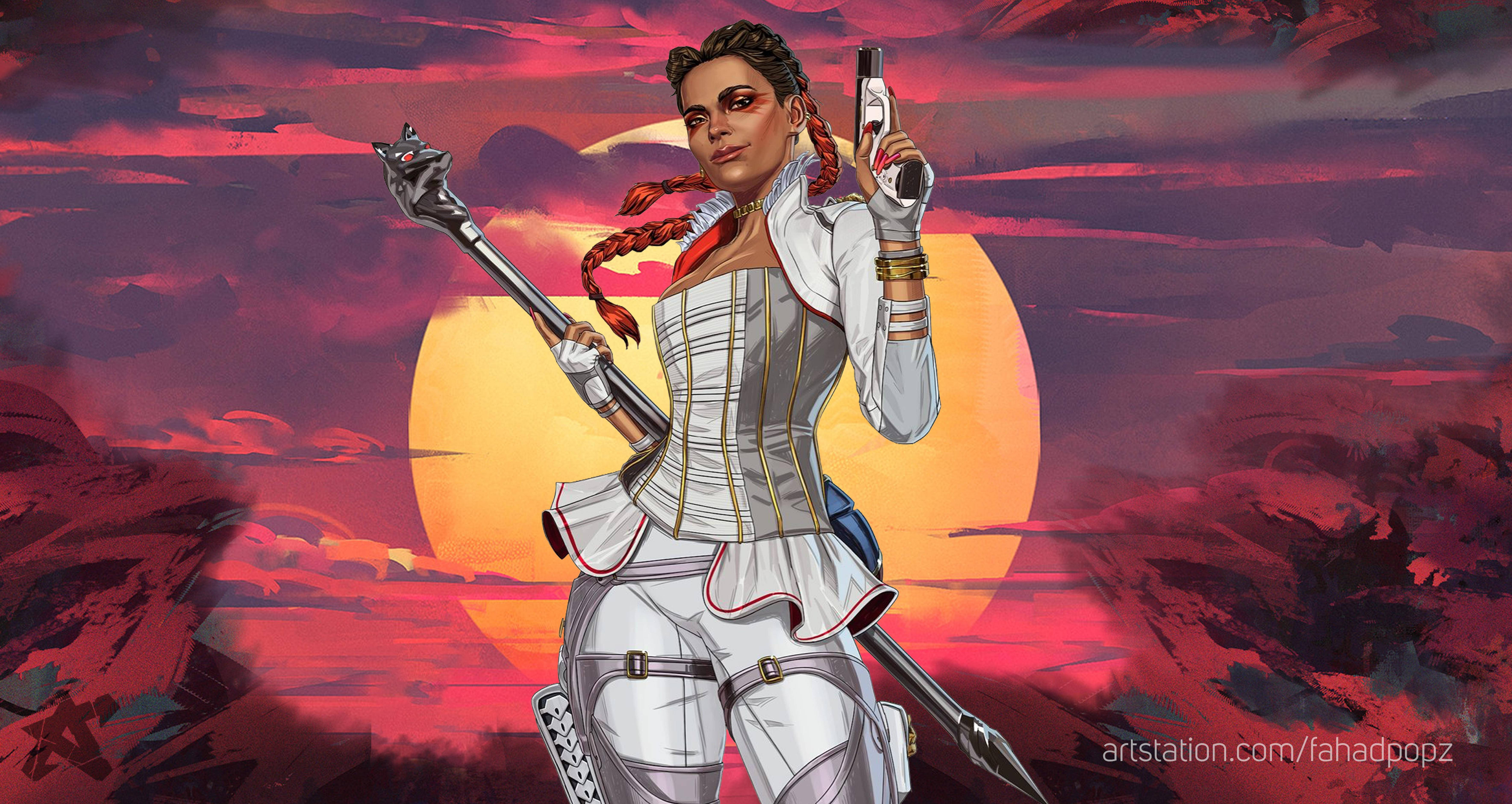 身穿白色盔甲的女戰士在夕陽下手持手槍和長矛。 — Apex 英雄 GIF 壁紙