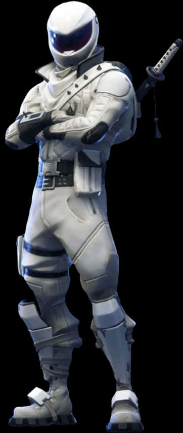 Fortnite Default Skin 桌布 壁紙 — 一位身穿白色盔甲的戰士，頭戴頭盔，手持武士刀，自信地站在黑色背景前。