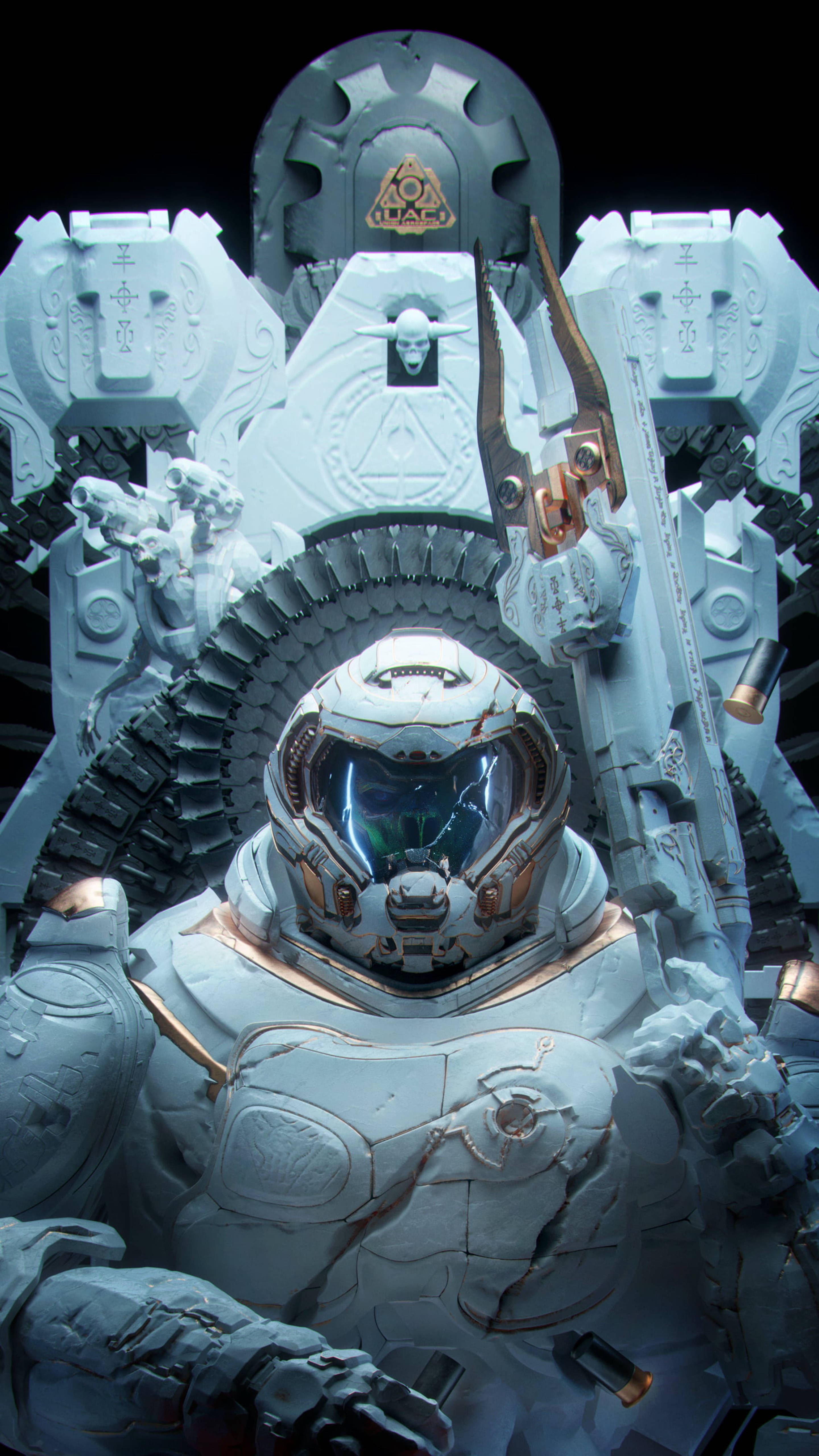 Doomguy 桌布 壁紙 — 一位身穿白色盔甲的未來太空人站在黑暗虛空中一個巨大的華麗機械王座前。