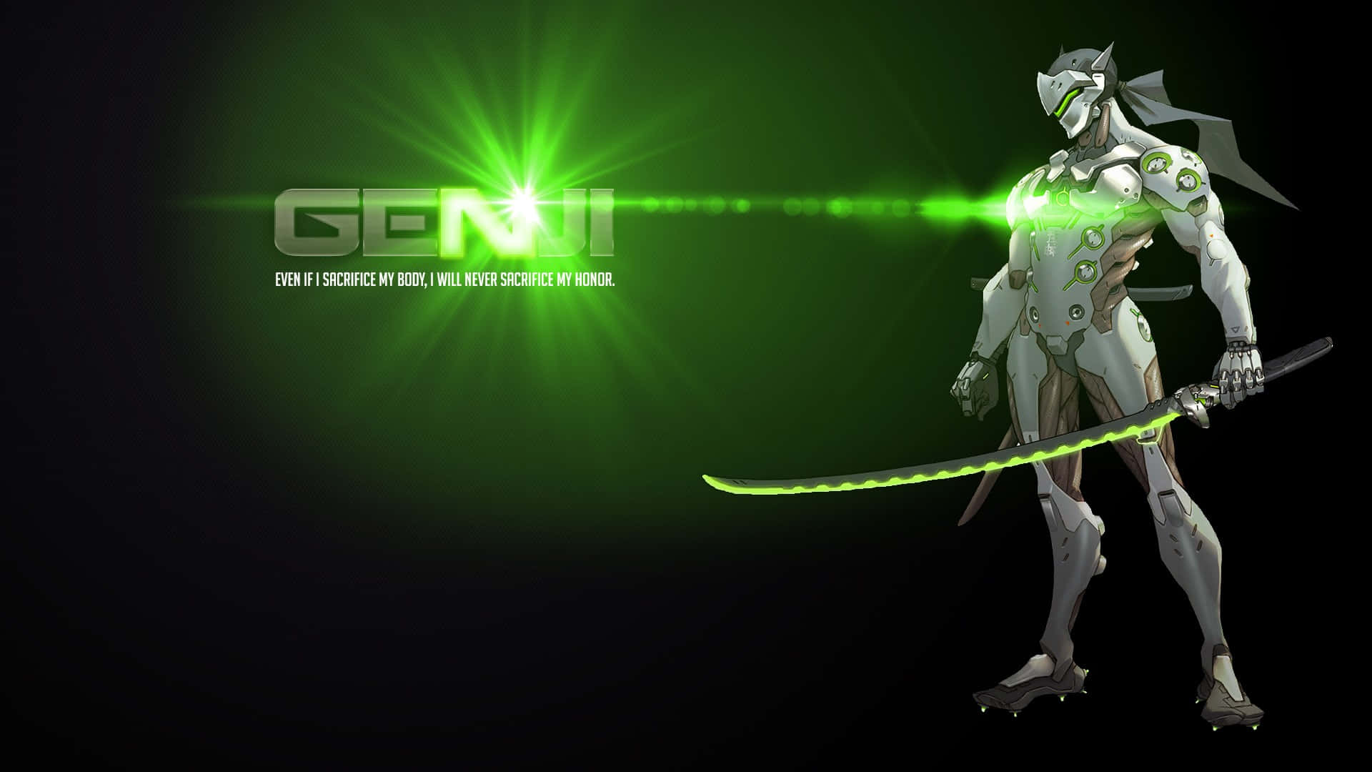 Overwatch Genji 桌布 壁紙 — 一位身穿白色盔甲的未來忍者戰士，在黑暗背景下揮舞著發光的綠色武士刀，背景有耀眼的綠光和名字 Genji。