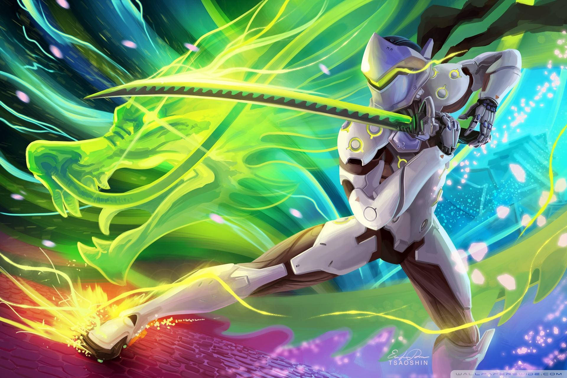 電玩遊戲 桌布 壁紙 — 一位身穿白色盔甲的未來戰士揮舞著發光的綠色劍，身後一條霓虹龍在充滿活力的動漫戰鬥場景中騰空而起。