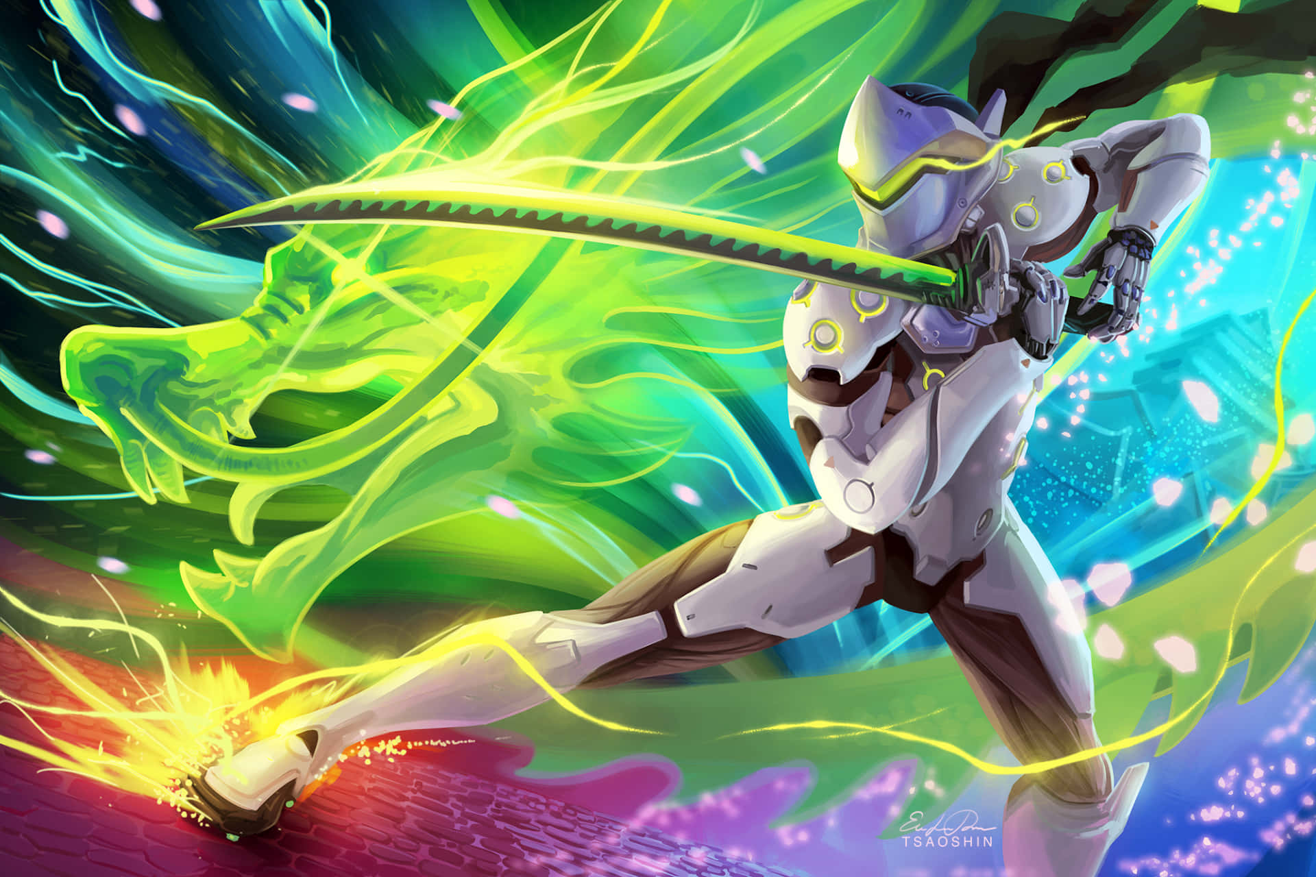Genji 4K 桌布 壁紙 — 一位身穿白色盔甲的未来戰士揮舞著發光的綠色劍，一條霓虹龍在他們身後浮現，背景是充滿活力的宇宙。