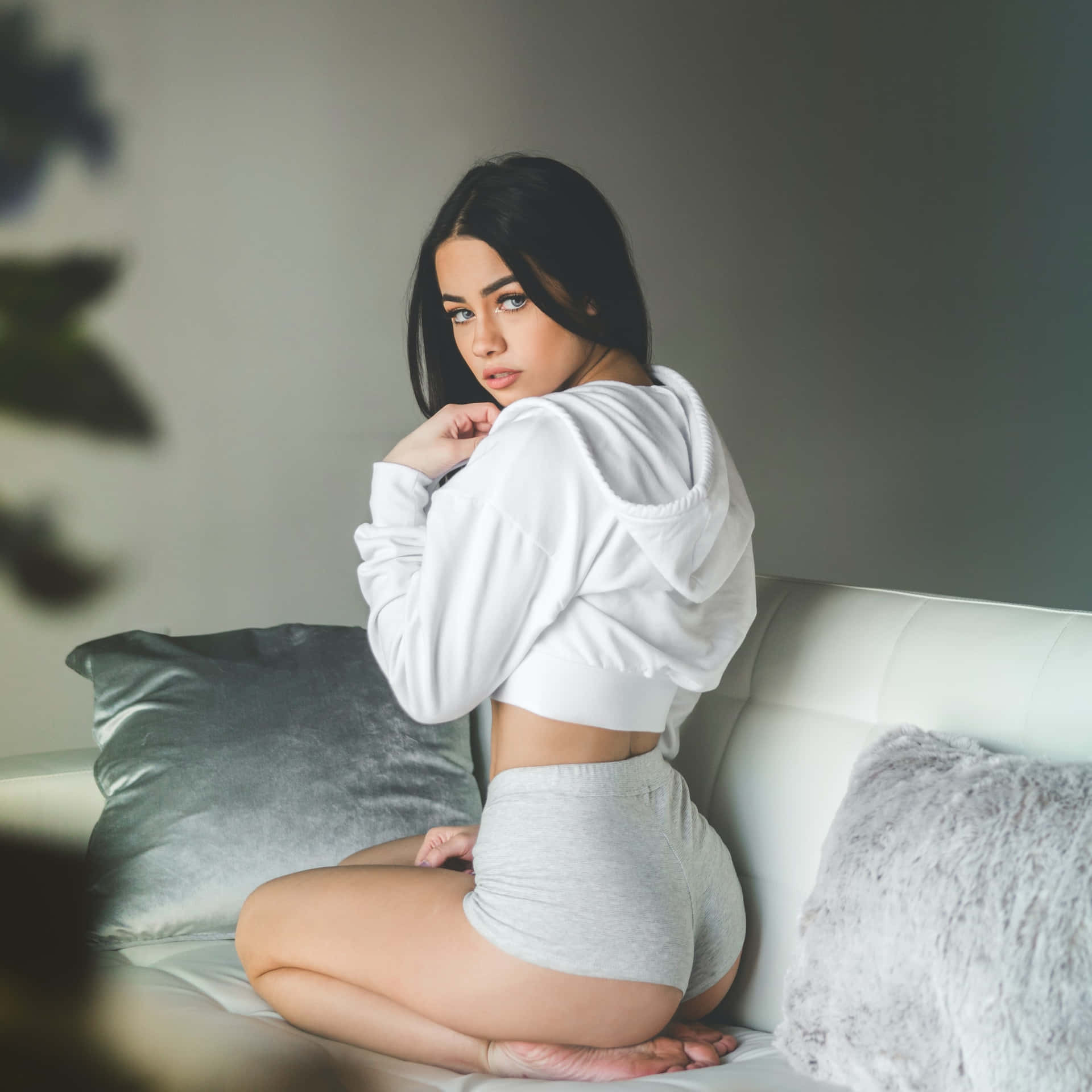 身穿白色連帽衫的女性坐在白色沙發上，配有灰色枕頭 — 漂亮的動圖 壁紙