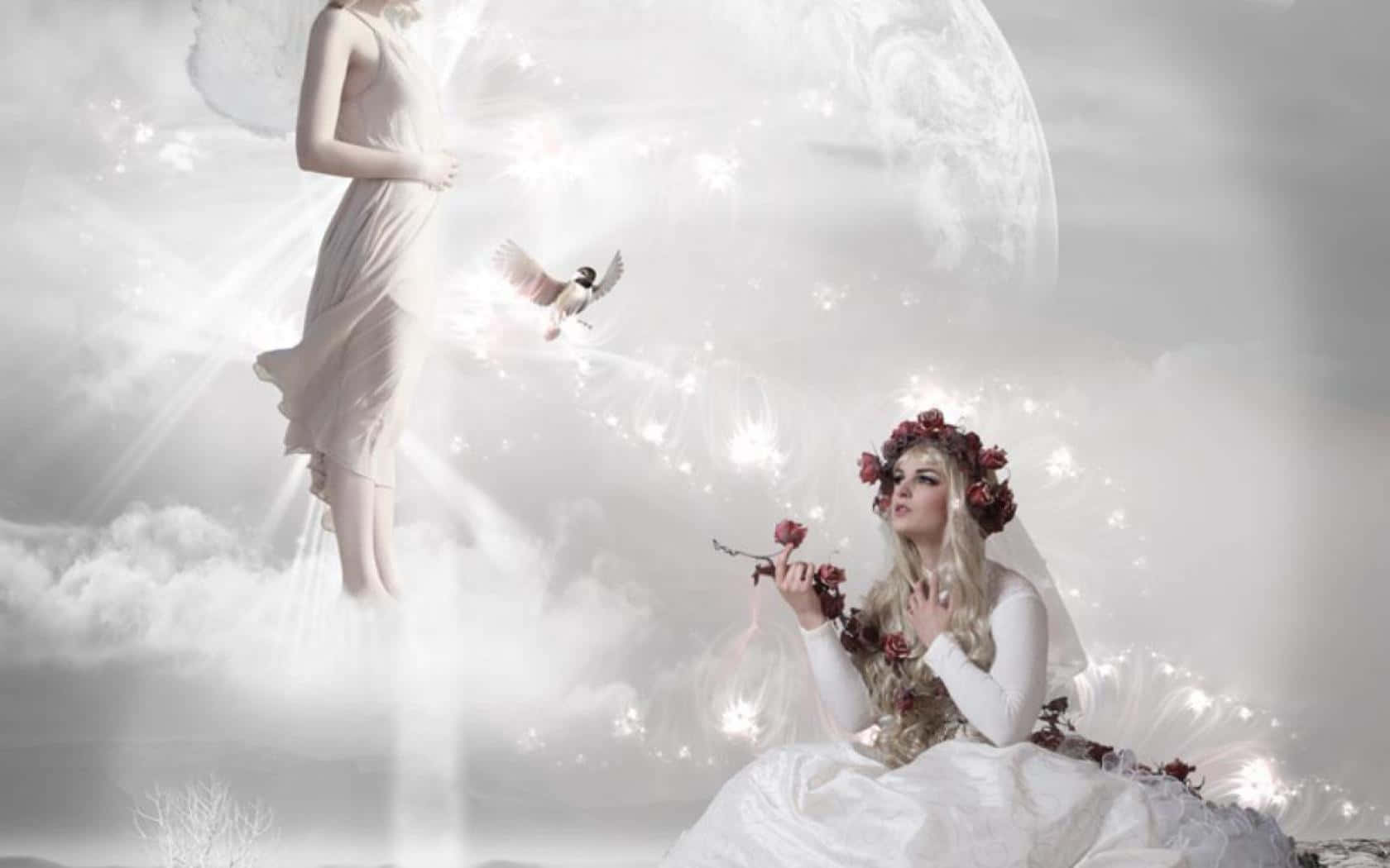 Guardian Angels 桌布 壁紙 — 一位身穿白色禮服、飾有紅玫瑰的女子坐在雲端，一個漂浮的天使和一隻鳥在發光的月亮附近翱翔。
