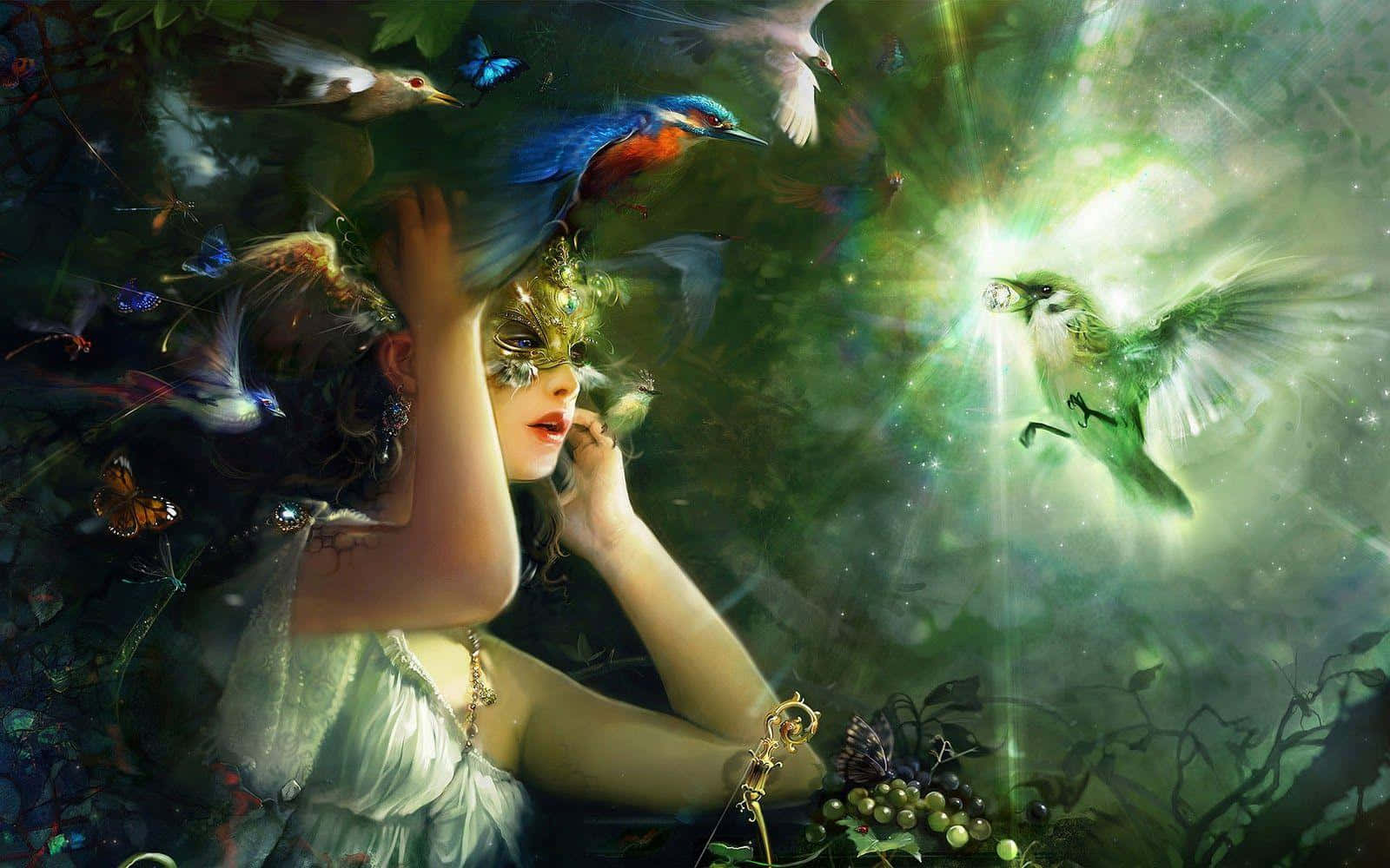 3d Fantasy 桌布 壁紙 — 一位身穿白色禮服和華麗面具的女性，在神秘的綠色森林中被發光的鳥類和蝴蝶環繞。