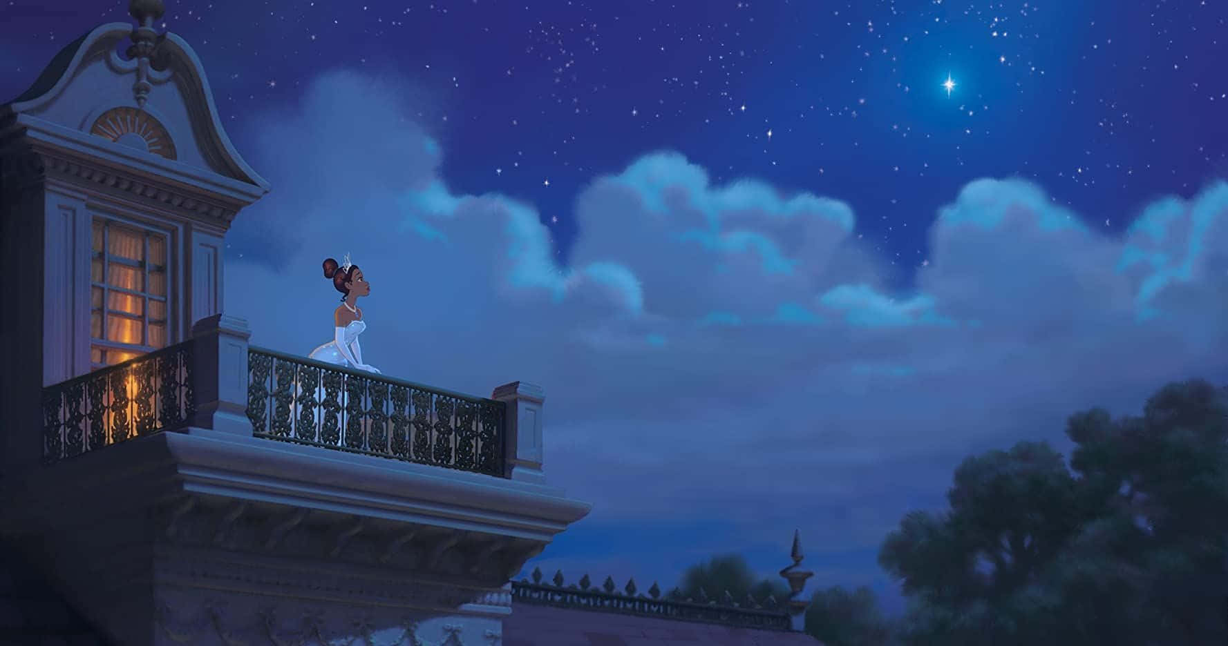 Aesthetic Disney Laptop 桌布 壁紙 — 一位身穿白色禮服的公主獨自站在華麗的陽台上，仰望繁星點點、雲彩發光的夜空。