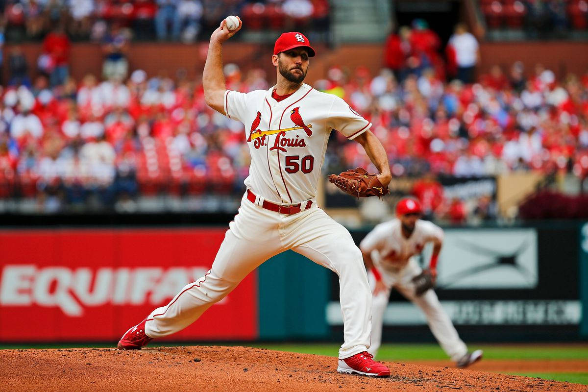 Adam Wainwright 桌布 壁紙 — 一位身穿白色紅雀隊球衣、背號50的棒球投手在日間比賽中於投手丘上揮臂準備投球，背景是模糊的人群。