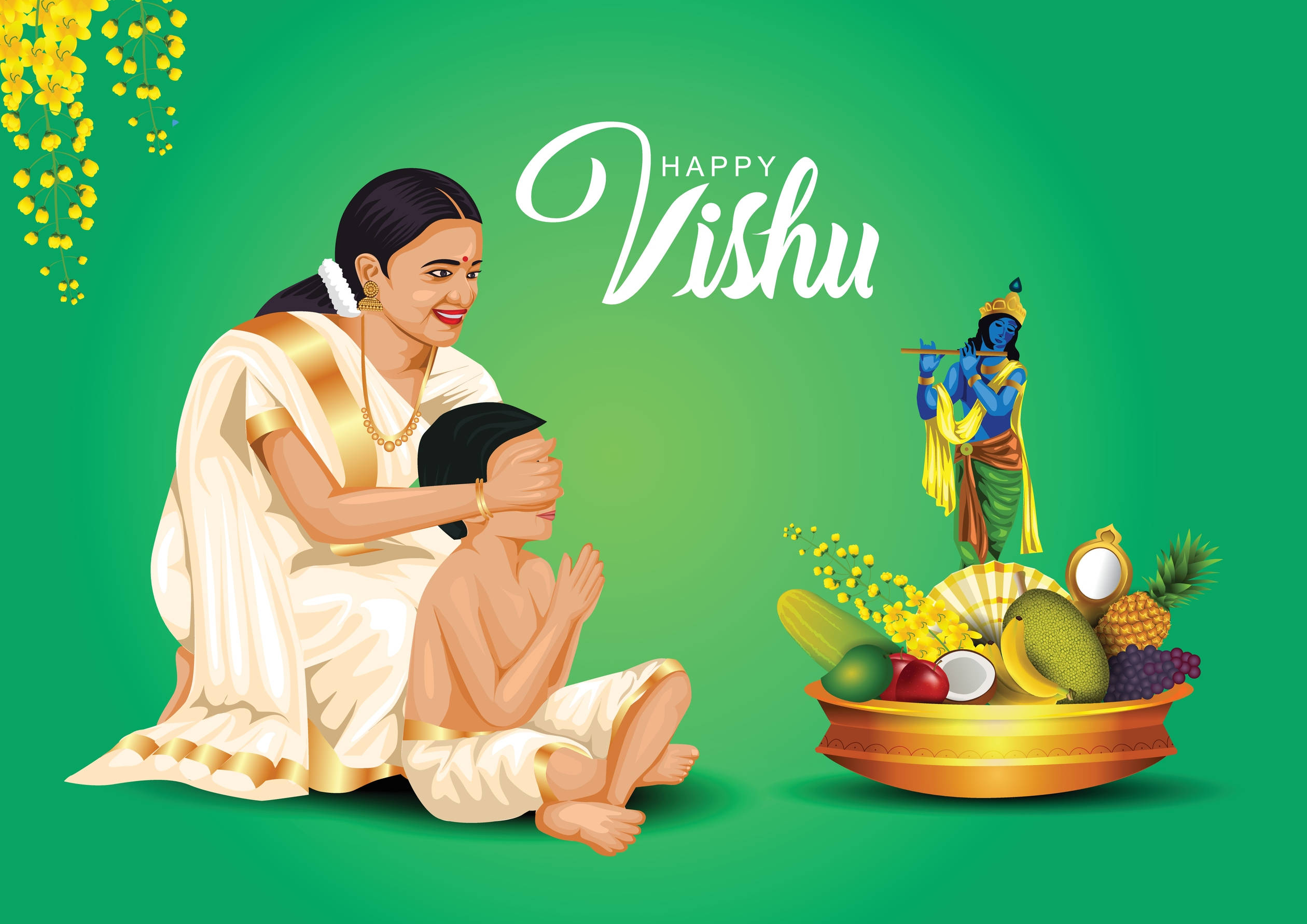 Vishu 桌布 壁紙 — 一位身穿白色紗麗的女性，溫柔地遮住一個孩子的眼睛，他們坐在一個擺有水果和克里希納神的Vishu Kozhikalam托盤旁。