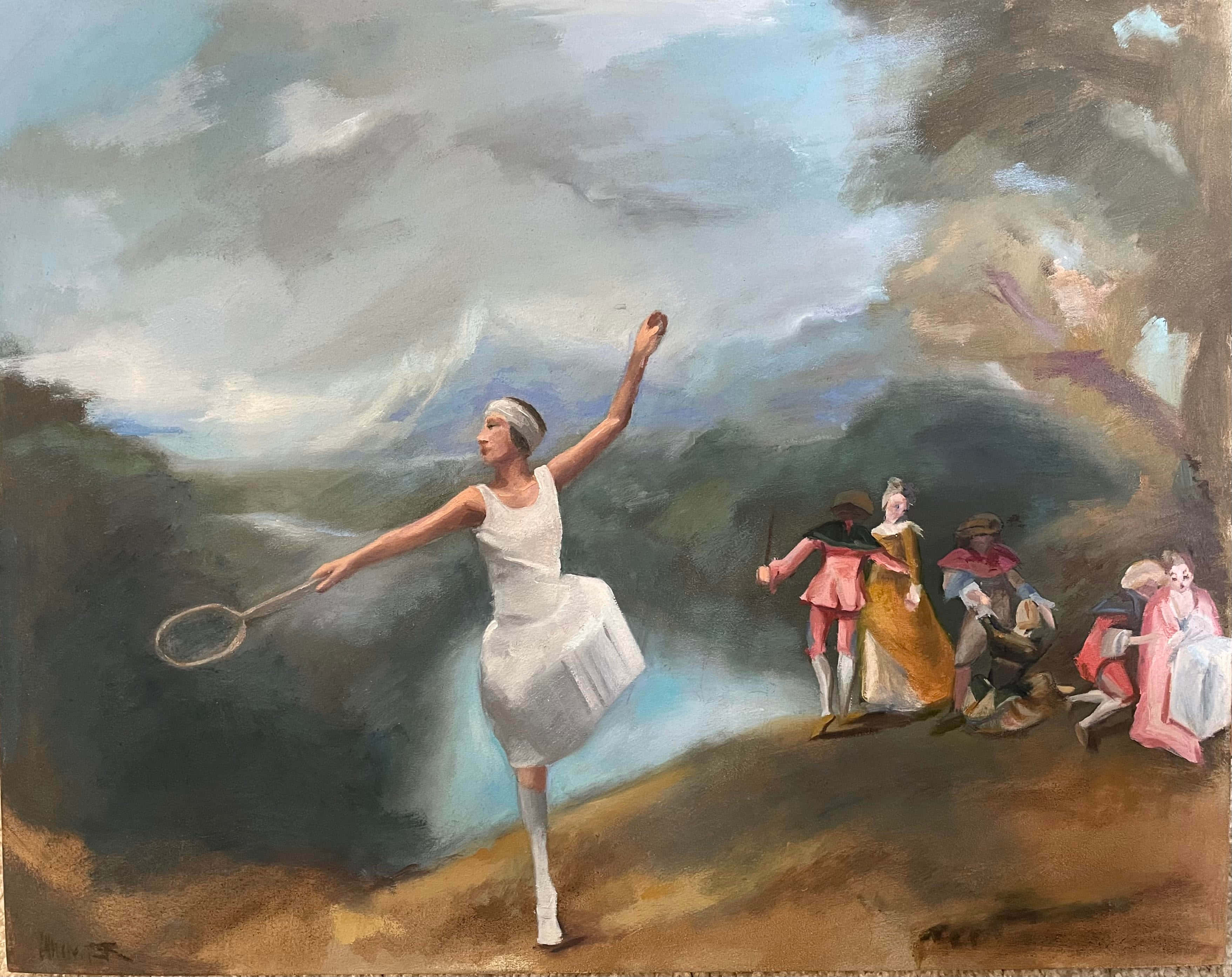 Painting 桌布 壁紙 — 一位身穿白色網球服裝的女性在陰雲密佈的天空下優雅地揮動球拍，背景中穿著歷史服飾的人物在觀看。