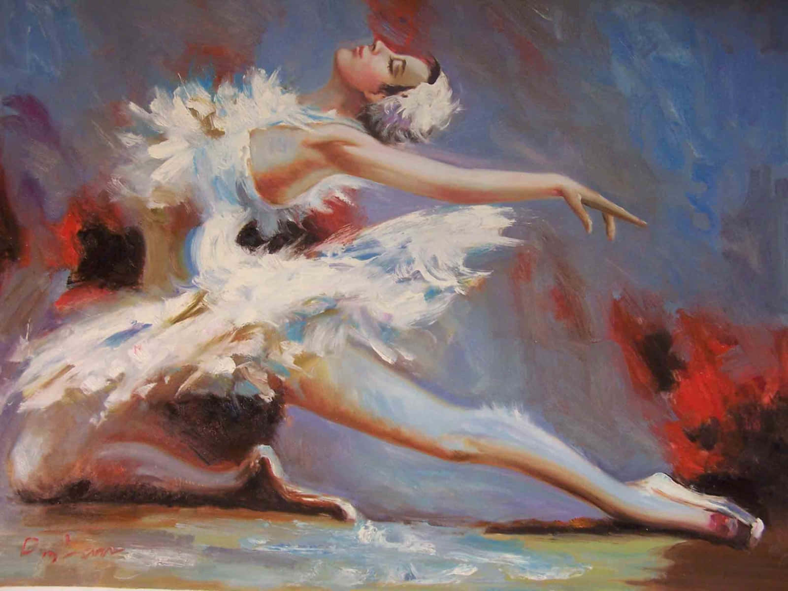 ballerina 桌布 壁紙 — 一位身穿白色羽毛芭蕾舞裙的優雅芭蕾舞者，在旋轉的藍色和紅色抽象背景前，以優美的阿拉貝斯克姿勢伸展手臂。