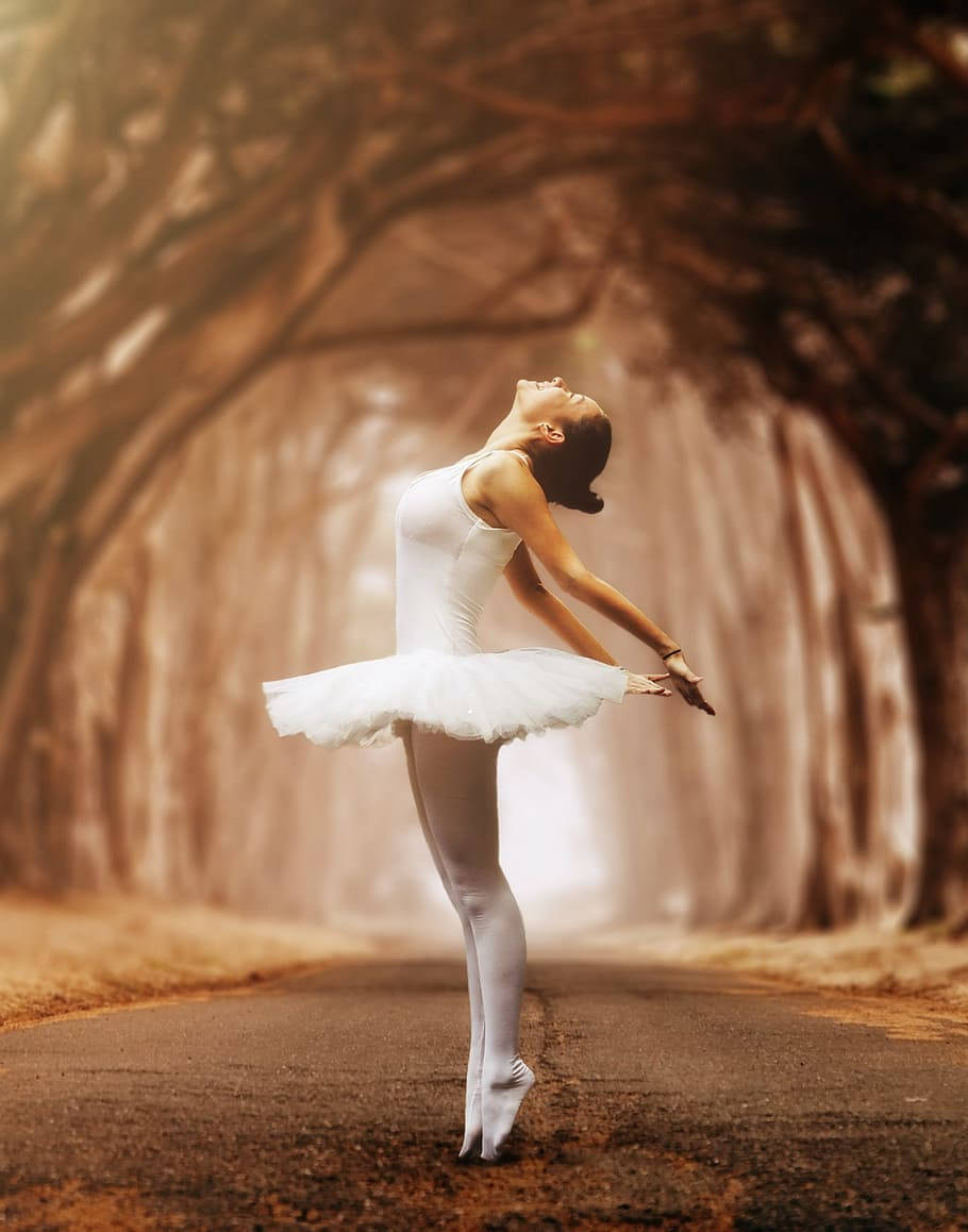 Ballet 桌布 壁紙 — 一位身穿白色芭蕾舞裙的芭蕾舞者，在沐浴著溫暖金色光線的林蔭大道上優雅地踮起腳尖站立。