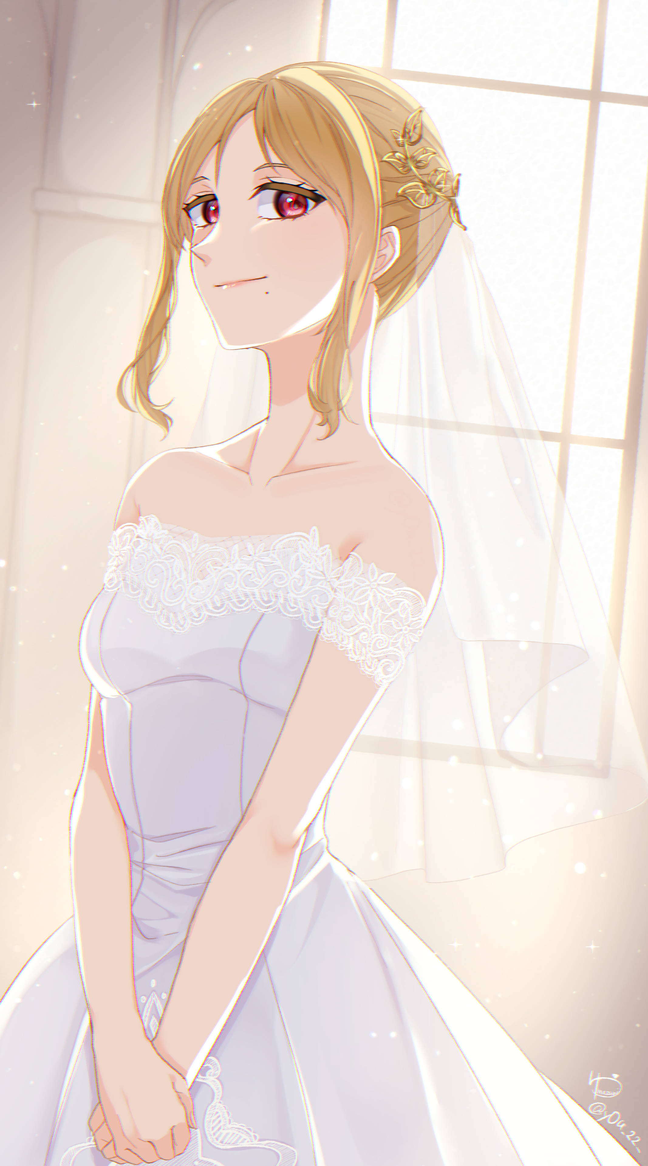 Bride 桌布 壁紙 — 一位身穿白色蕾絲禮服、光彩照人的動漫新娘，帶著溫柔的微笑站在陽光灑落的窗邊。