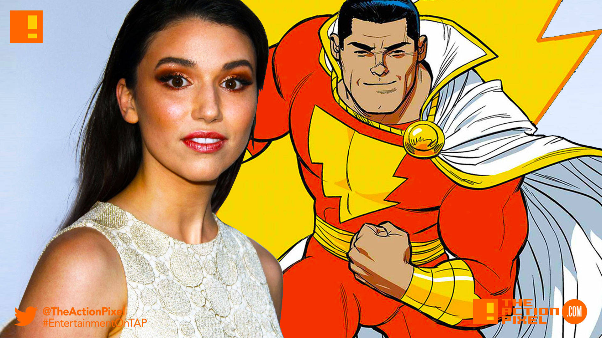 grace fulton 桌布 壁紙 — 一位身穿白色蕾絲裙的女性站在漫畫風格的超級英雄沙贊插圖旁，背景是醒目的黃色閃電。