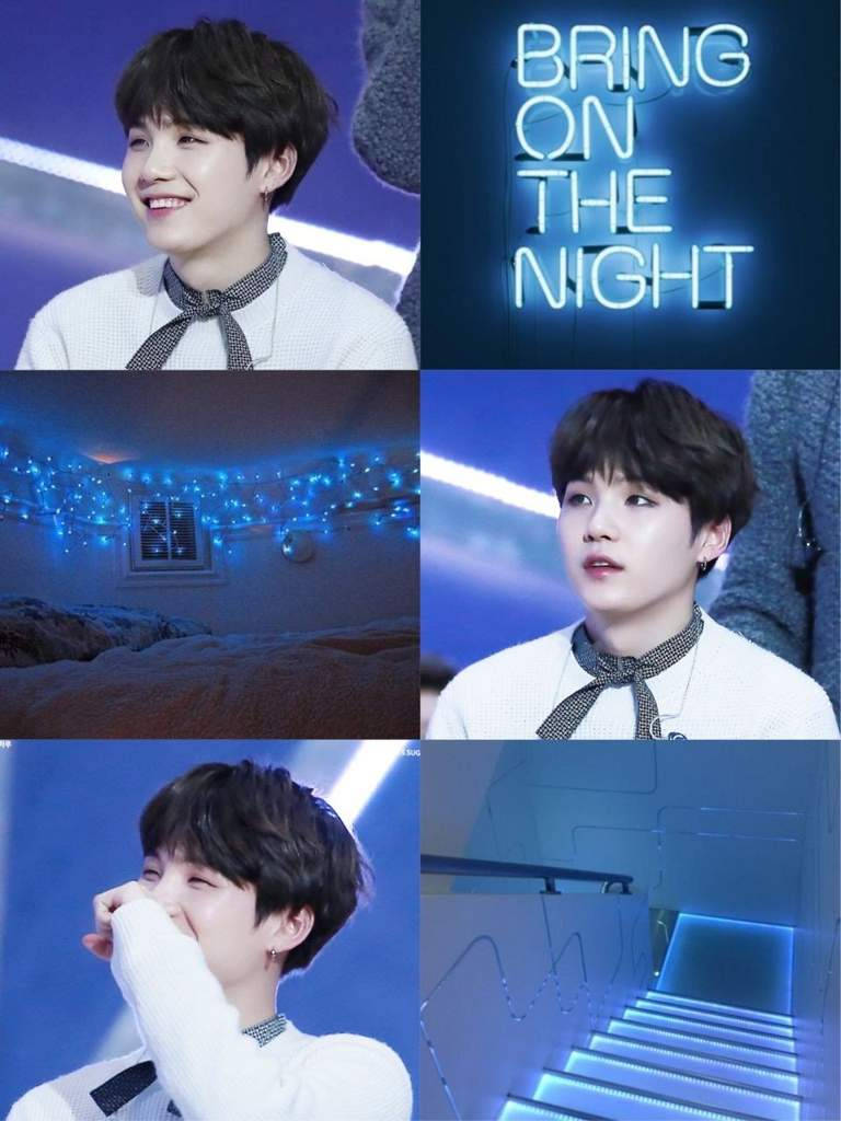 Bts Aesthetic 桌布 壁紙 — 一位身穿白色衣服的年輕男子在藍色霓虹燈和發光樓梯前微笑的拼貼畫。