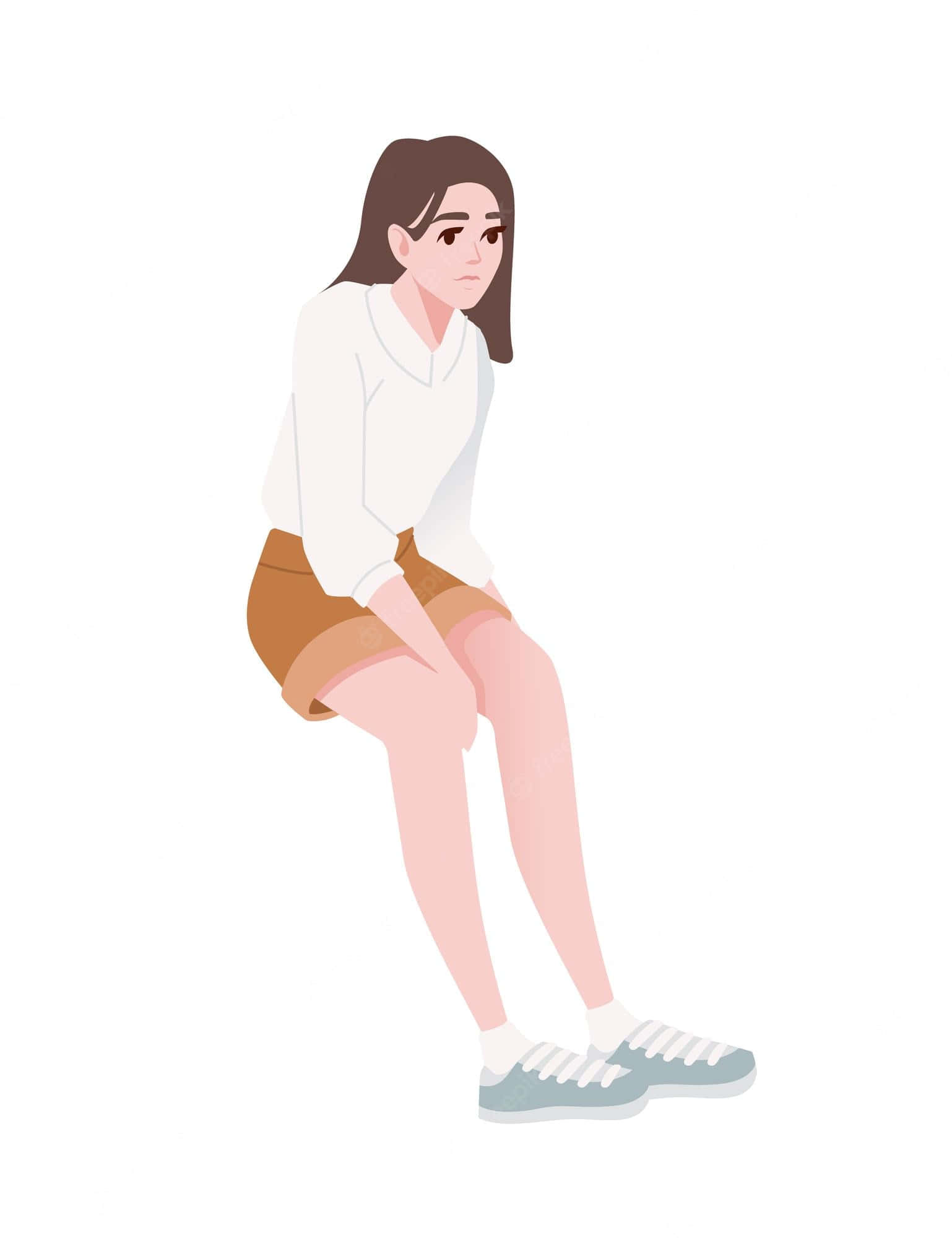 動漫女孩 桌布 壁紙 — 一位身穿白色襯衫和棕色短褲的年輕女性，在純白色背景前盤腿而坐，表情沉思。
