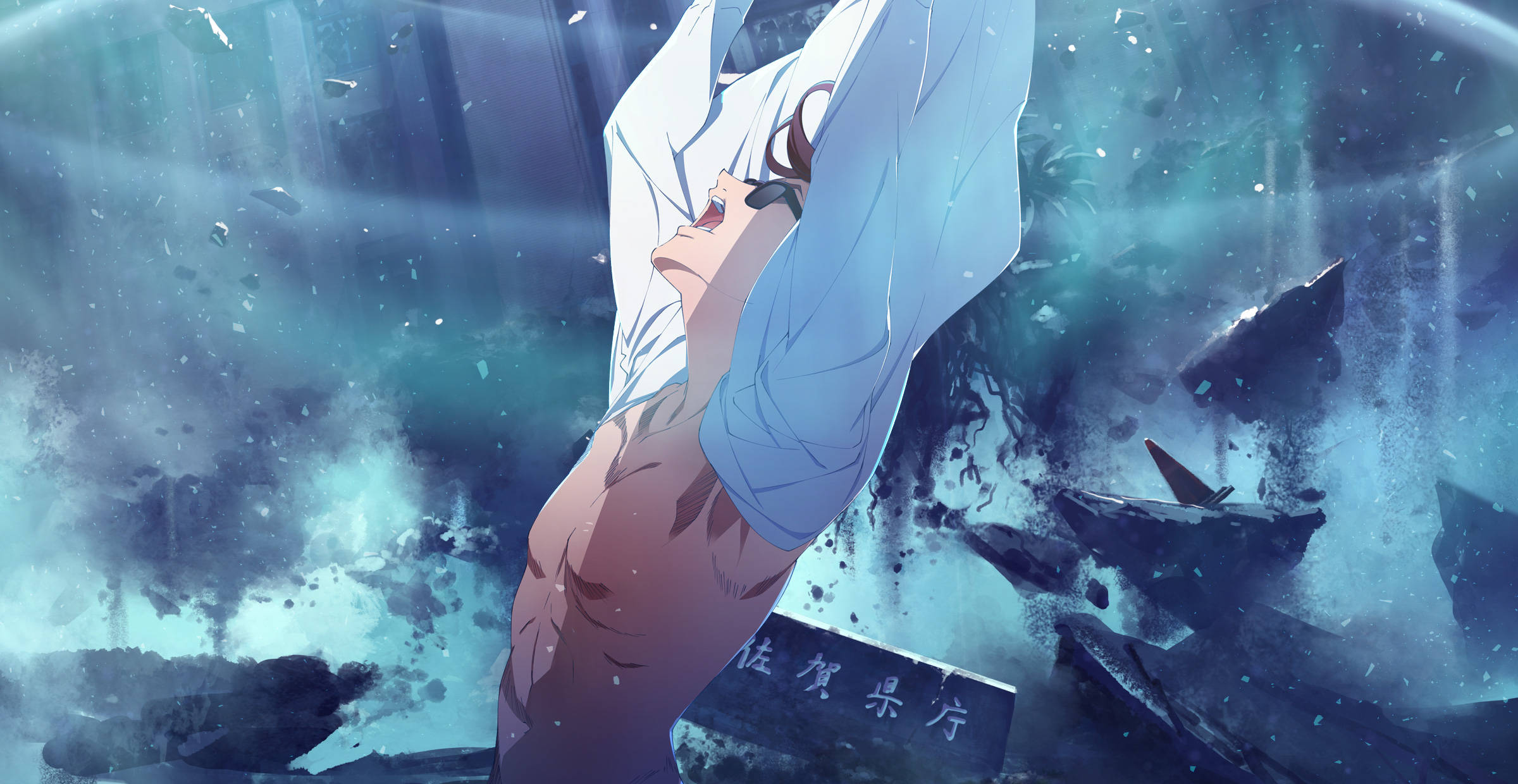 zombie land saga 桌布 壁紙 — 一位身穿白色襯衫的動漫女孩，在破碎的藍綠色水下場景中向上漂浮，周圍有碎片和光線。