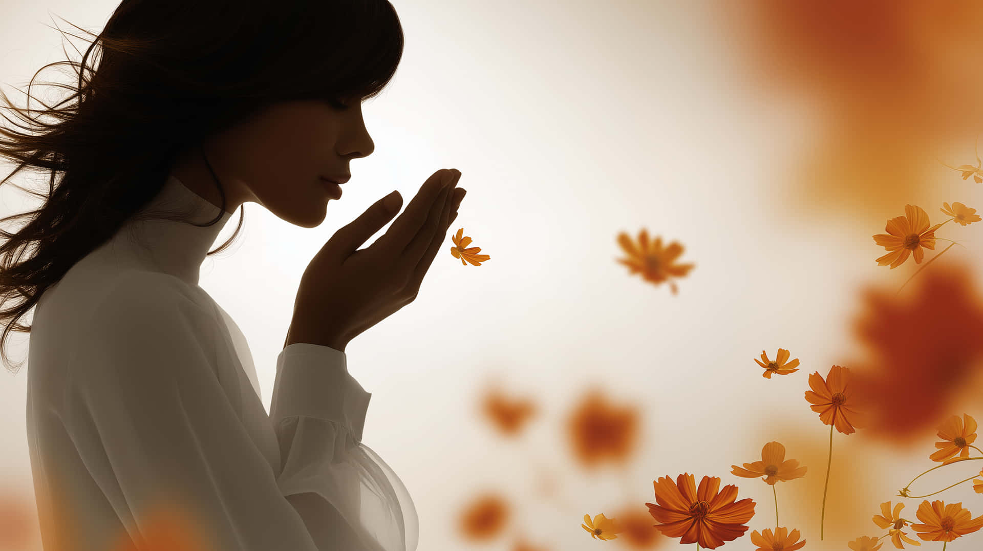Serene Woman Blowing Autumn Leaves Gently 壁紙 — 一位身穿白色襯衫的女性輕輕捧著雙手，金色波斯菊在柔和溫暖的光線中飄浮在她周圍。