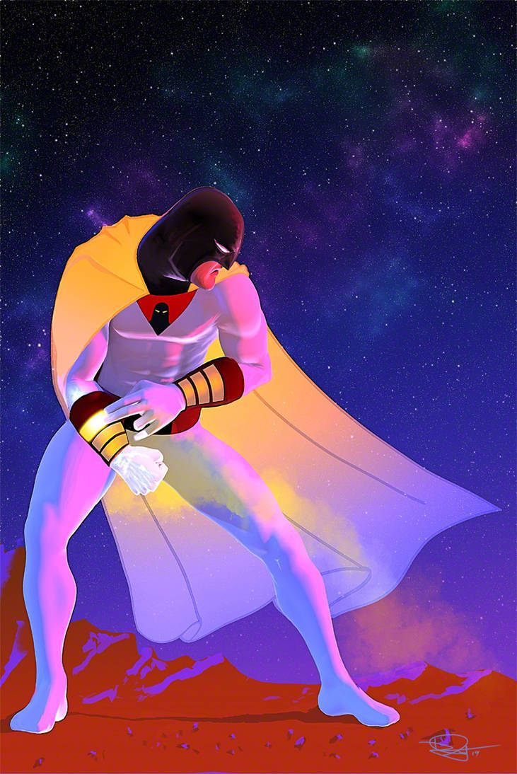 Space Ghost 桌布 壁紙 — 一位身穿白色西裝和黃色披風的超級英雄，在一個紅色星球上，以充滿活力的星空宇宙天空為背景，擺好姿勢。