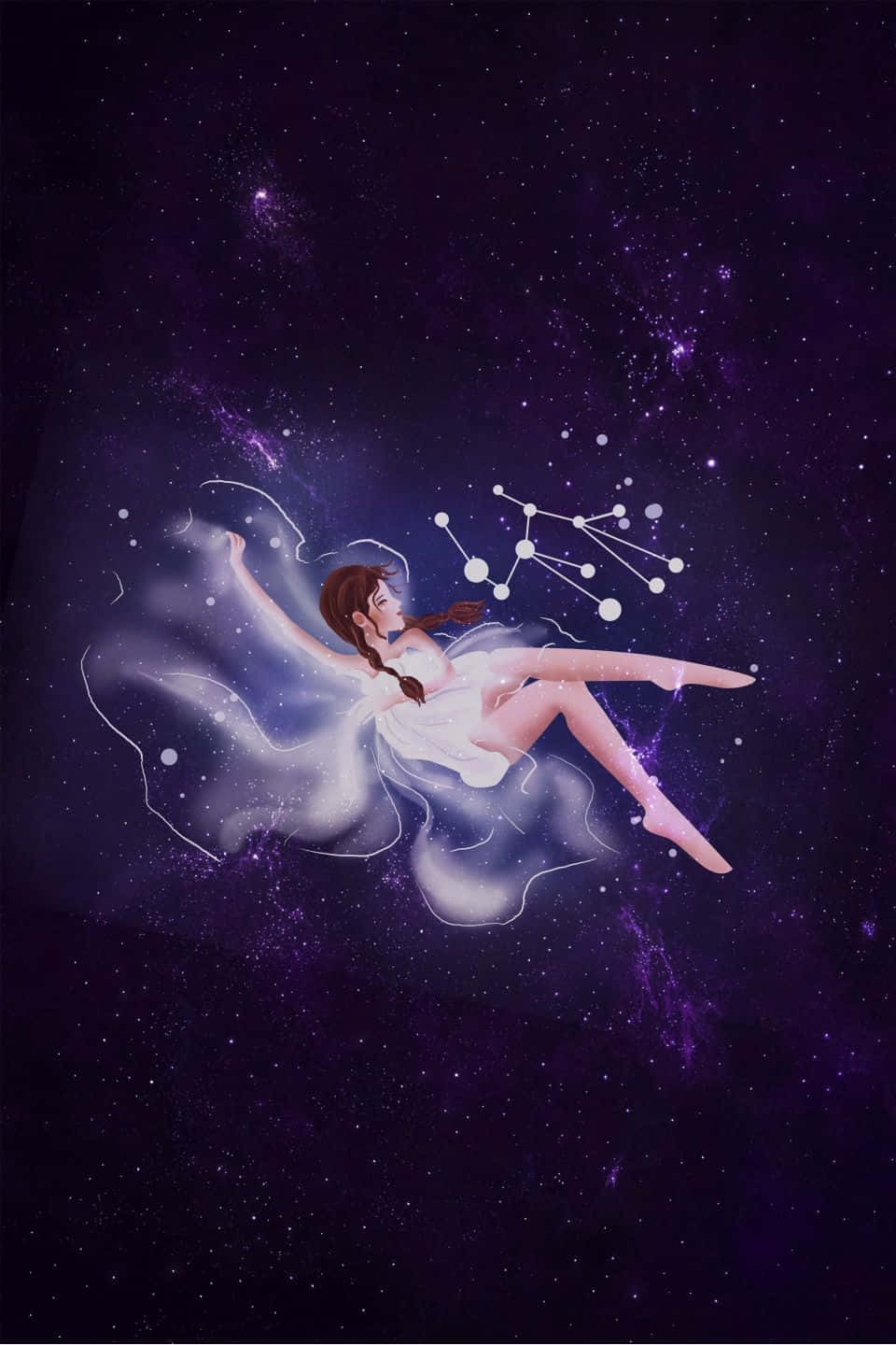 Capricorn Aesthetic 桌布 壁紙 — 一位身穿白色連衣裙的優雅女性漂浮在充滿活力的紫色星空中，身後拖曳著發光的星座。
