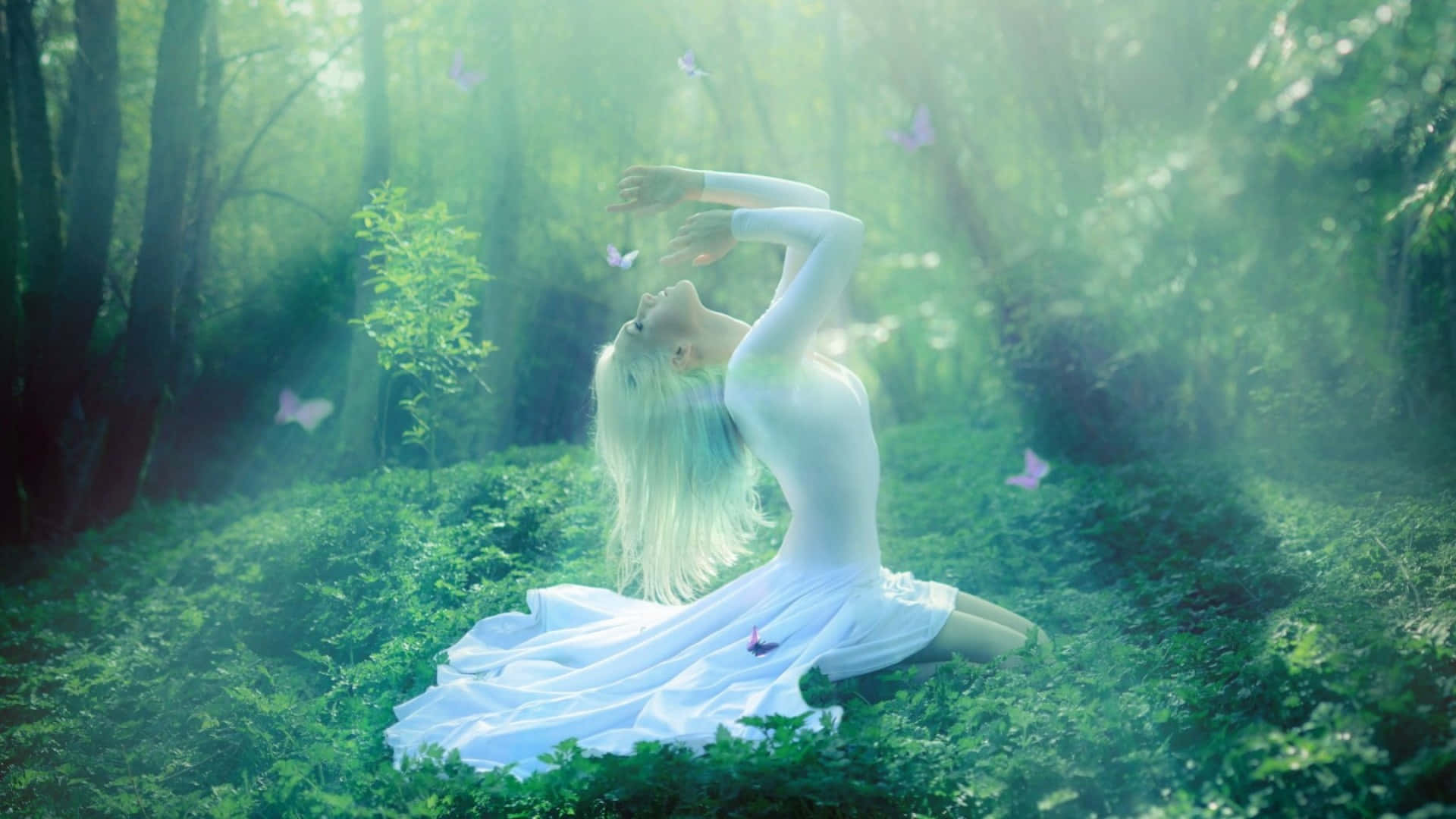 Blissful 桌布 壁紙 — 一位身穿白色連衣裙的女性優雅地坐在陽光明媚的森林中，伸手向上，蝴蝶在她周圍飛舞。