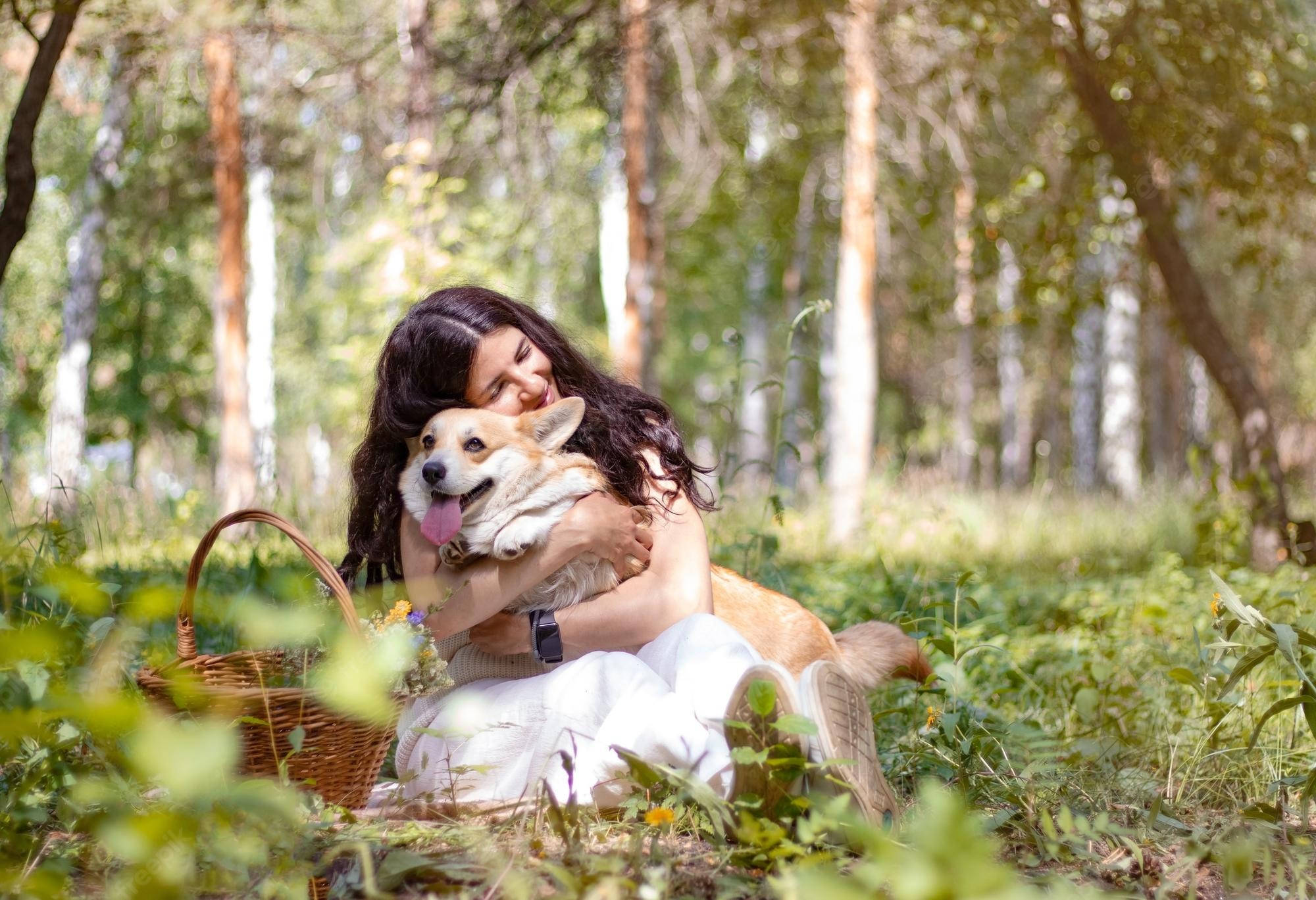 Dog And Girl 桌布 壁紙 — 一位身穿白色連衣裙的女性在陽光明媚的森林中擁抱一隻快樂的柯基犬，旁邊有一個野餐籃。