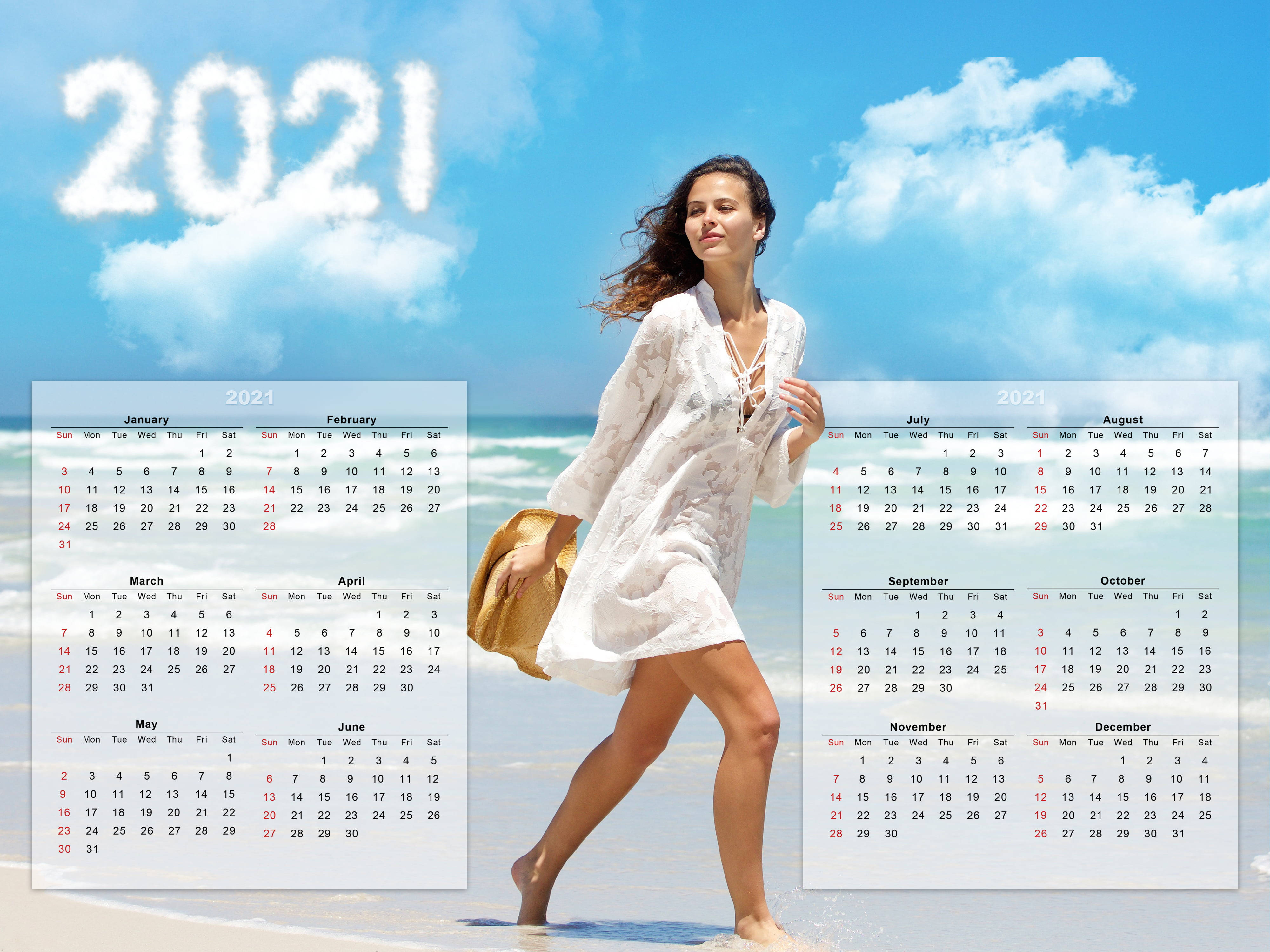 Calendar 桌布 壁紙 — 一位身穿白色連衣裙的女性在陽光明媚的海灘上赤腳行走，伴隨著海浪和2021年日曆疊加。