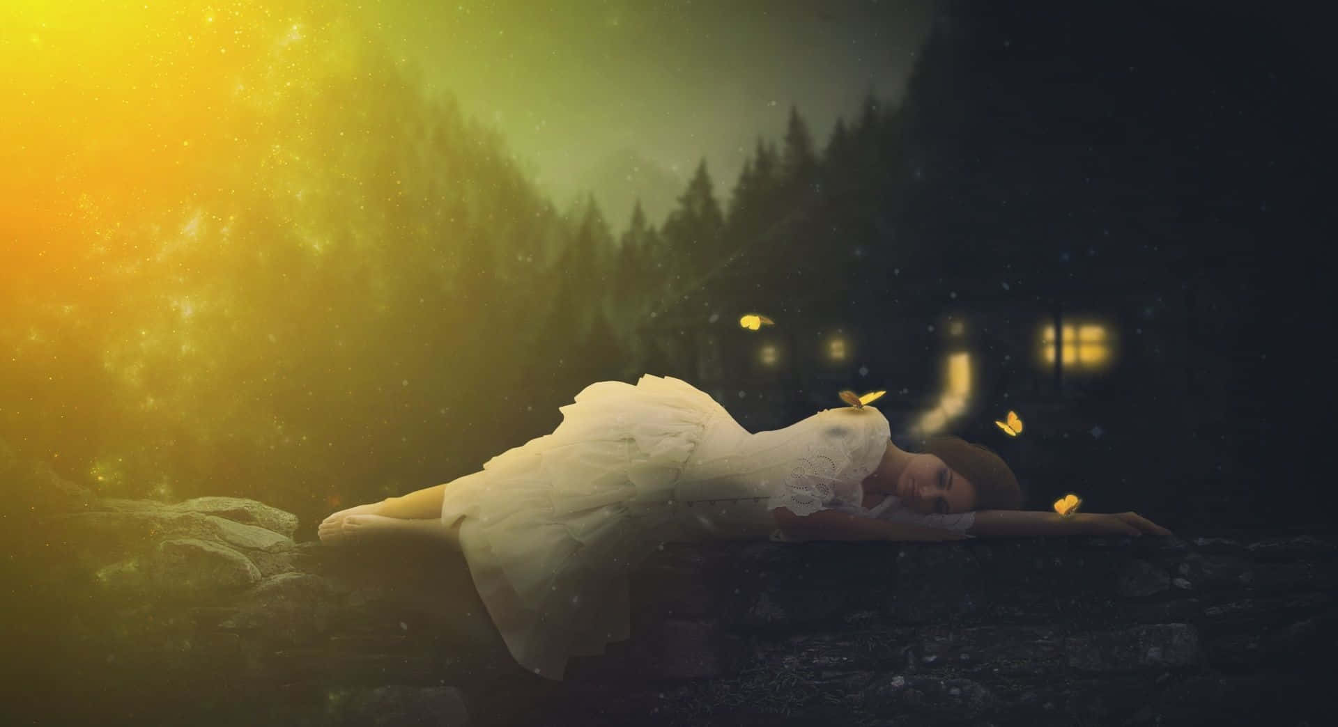 Sleeping 桌布 壁紙 — 一位身穿白色連衣裙的女性在黃昏時分於霧氣瀰漫的湖邊靜靜休息，發光的蝴蝶在她周圍飛舞。